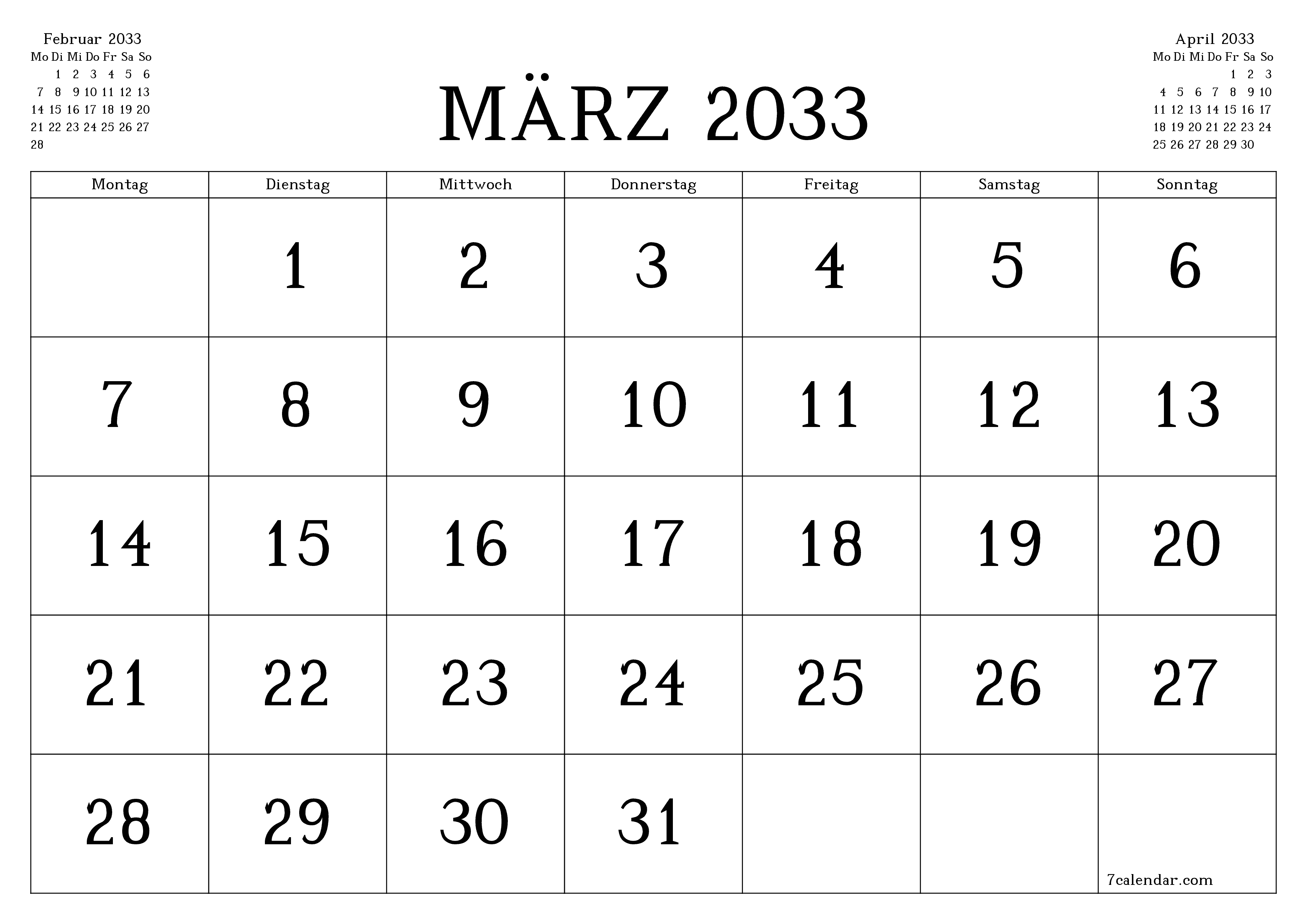 Monatsplaner für Monat März 2033 mit Notizen leeren, speichern und als PDF PNG German - 7calendar.com drucken