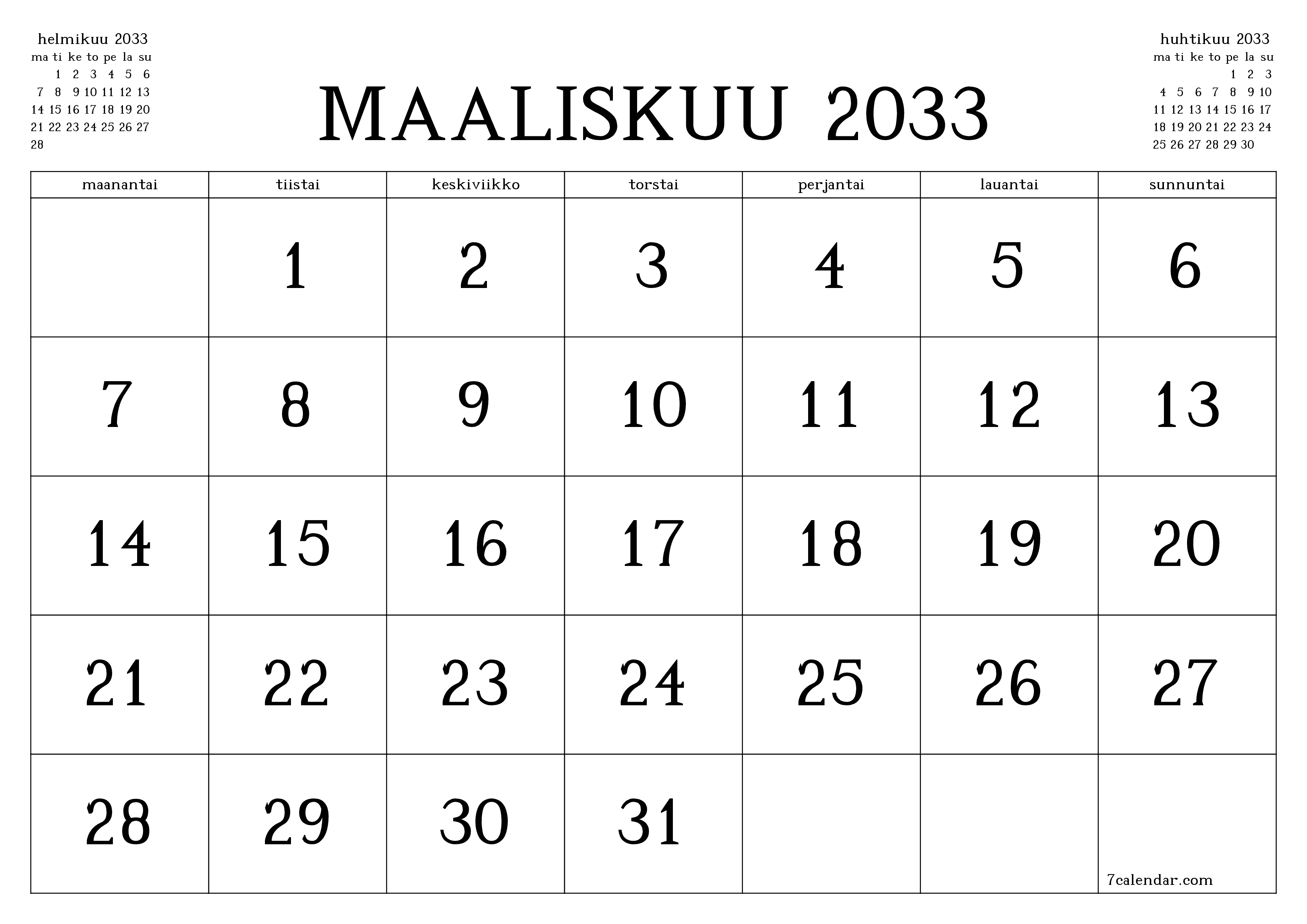 Tyhjennä kuukausittainen suunnittelija kuukaudelle Maaliskuu 2033 muistiinpanoilla, tallenna ja tulosta PDF-muotoon PNG Finnish