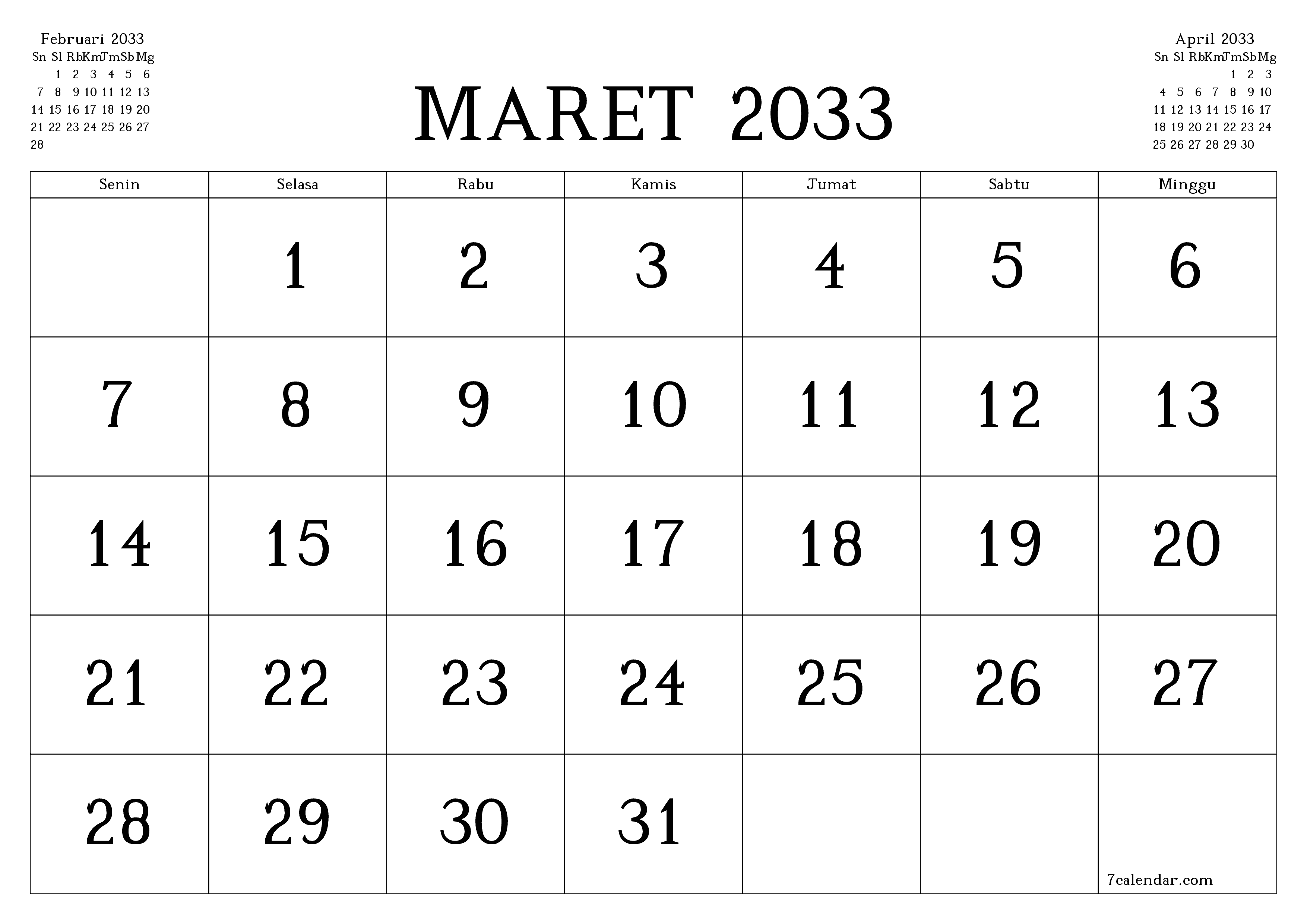 Kosongkan agenda bulanan untuk bulan Maret 2033 dengan catatan, simpan dan cetak ke PDF PNG Indonesian
