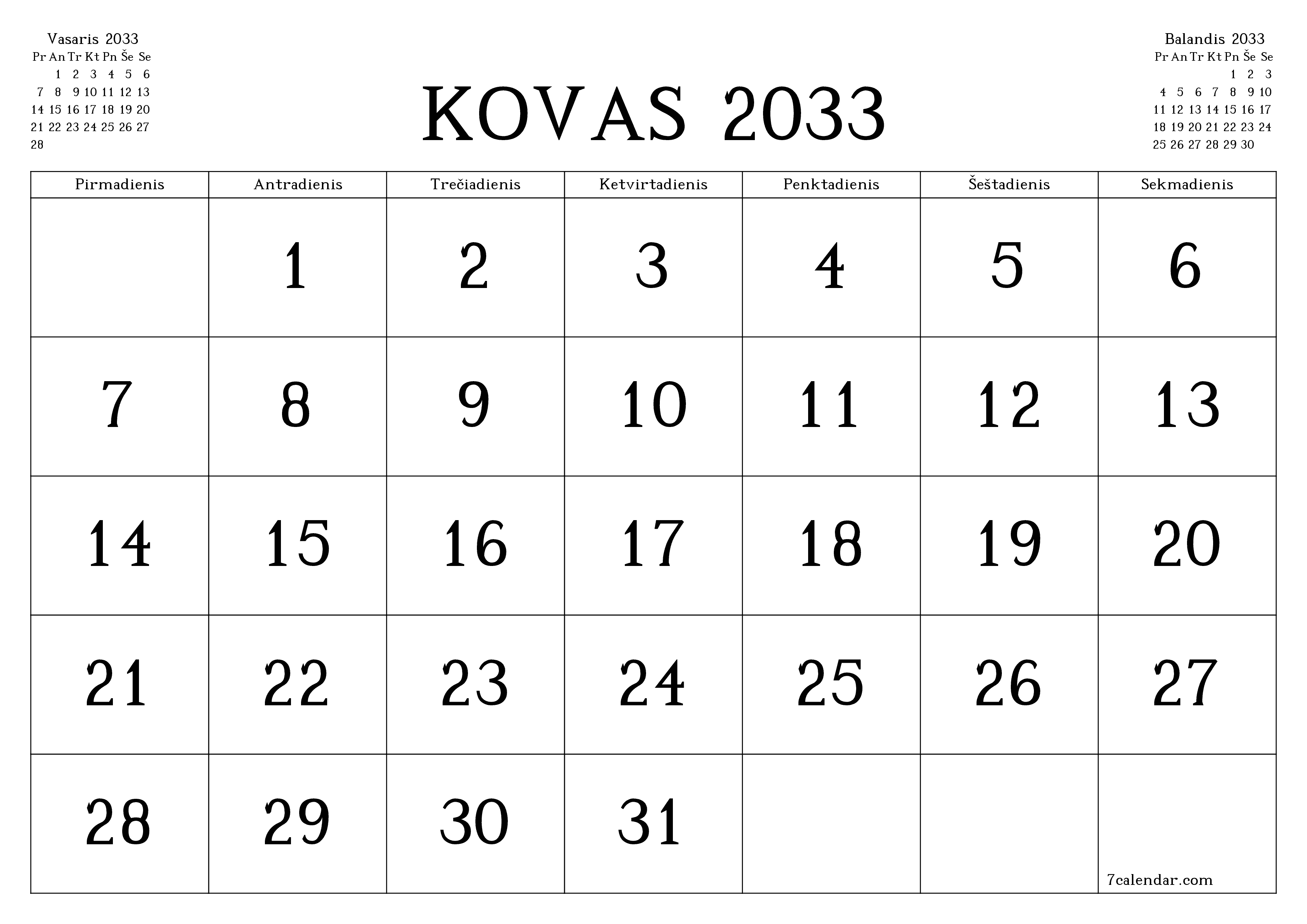 Ištuštinti mėnesio Kovas 2033 mėnesio planavimo priemonę su užrašais, išsaugoti ir atsispausdinti PDF formate PNG Lithuanian