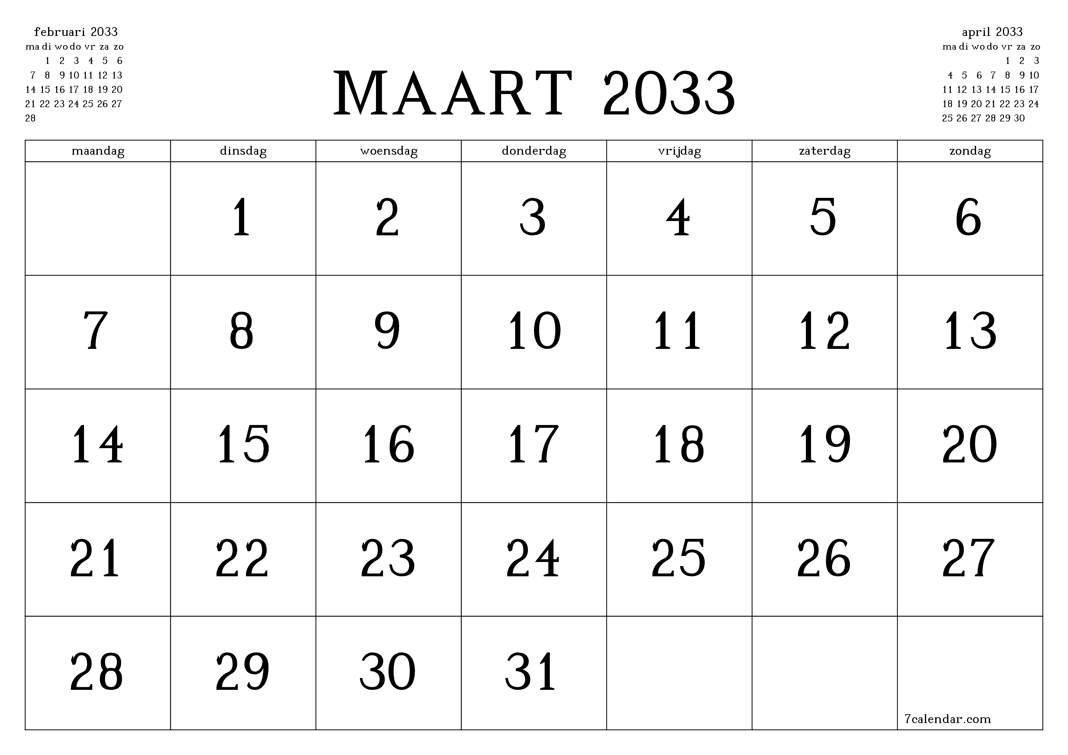 Lege maandplanner voor maand maart 2033 met notities, opslaan en afdrukken naar pdf PNG Dutch