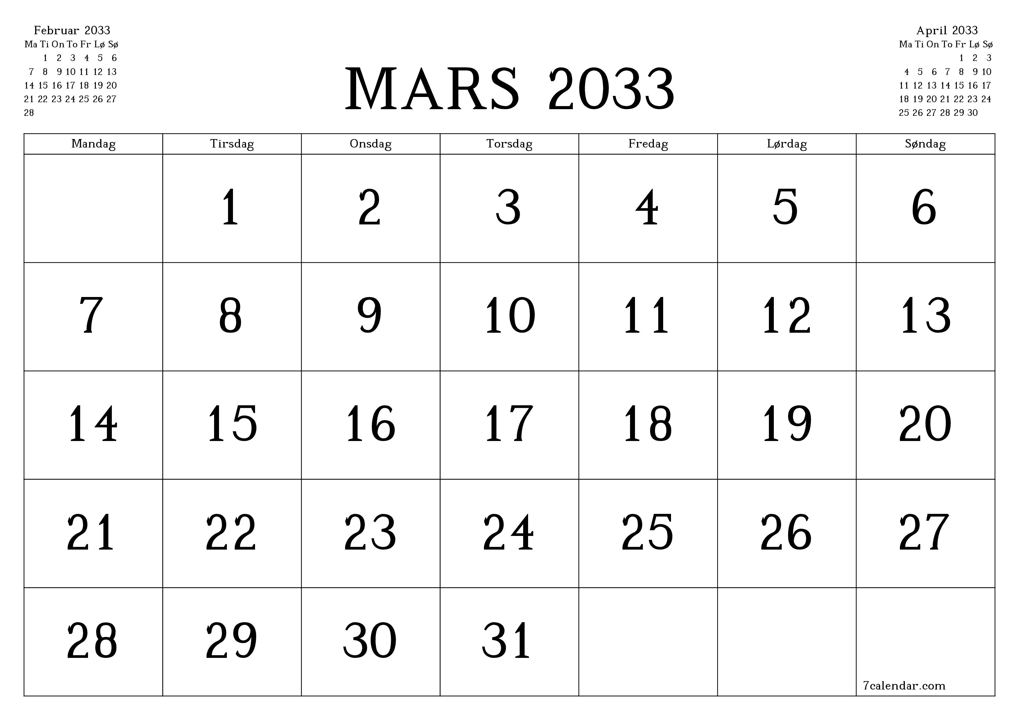 Tom månedlig planlegger for måned Mars 2033 med notater, lagre og skriv ut til PDF PNG Norwegian