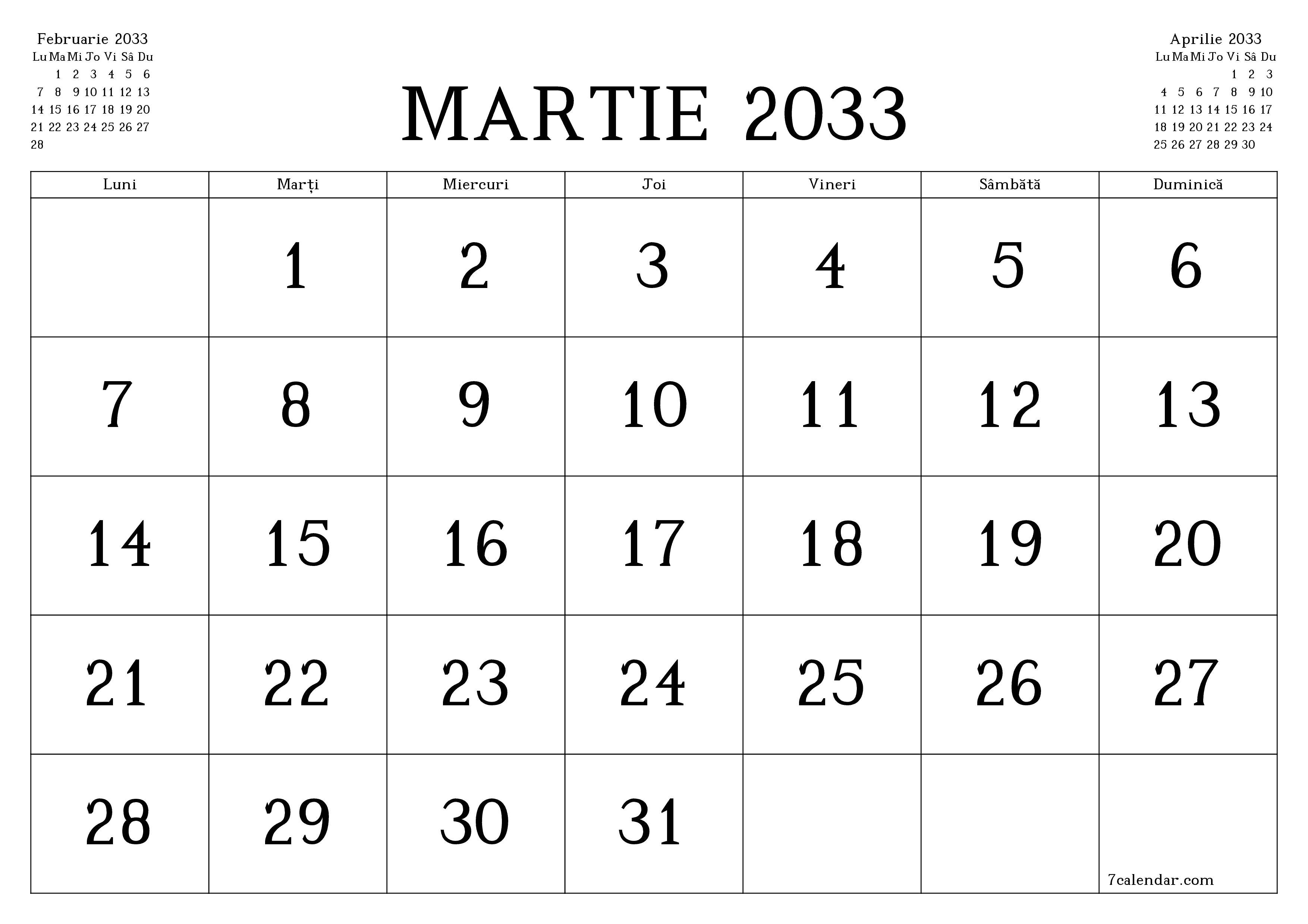 Planificator lunar gol pentru luna Martie 2033 cu note, salvați și tipăriți în PDF PNG Romanian