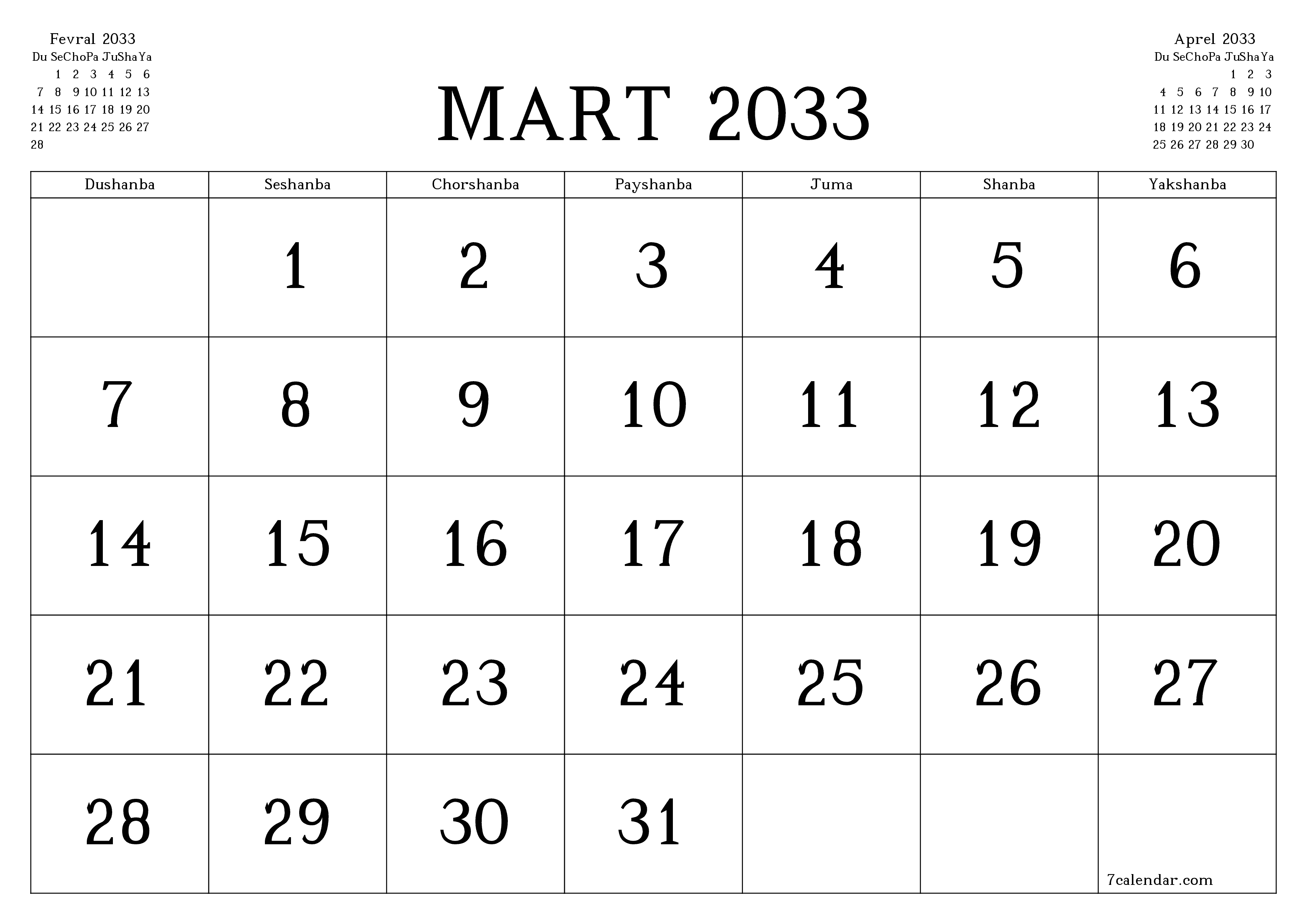 Mart 2033 oylik oylik rejalashtiruvchini yozuvlar bilan bo'shatish, saqlash va PDF-ga chop etish PNG Uzbek