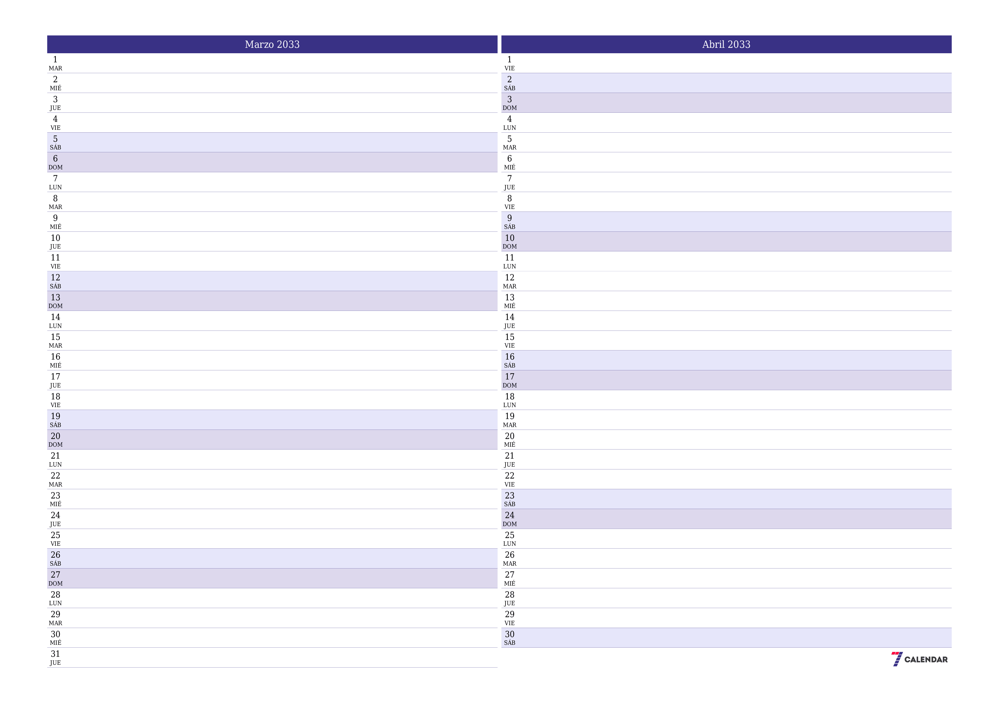Planificador mensual vacío para el mes Marzo 2033 con notas, guardar e imprimir en PDF PNG Spanish