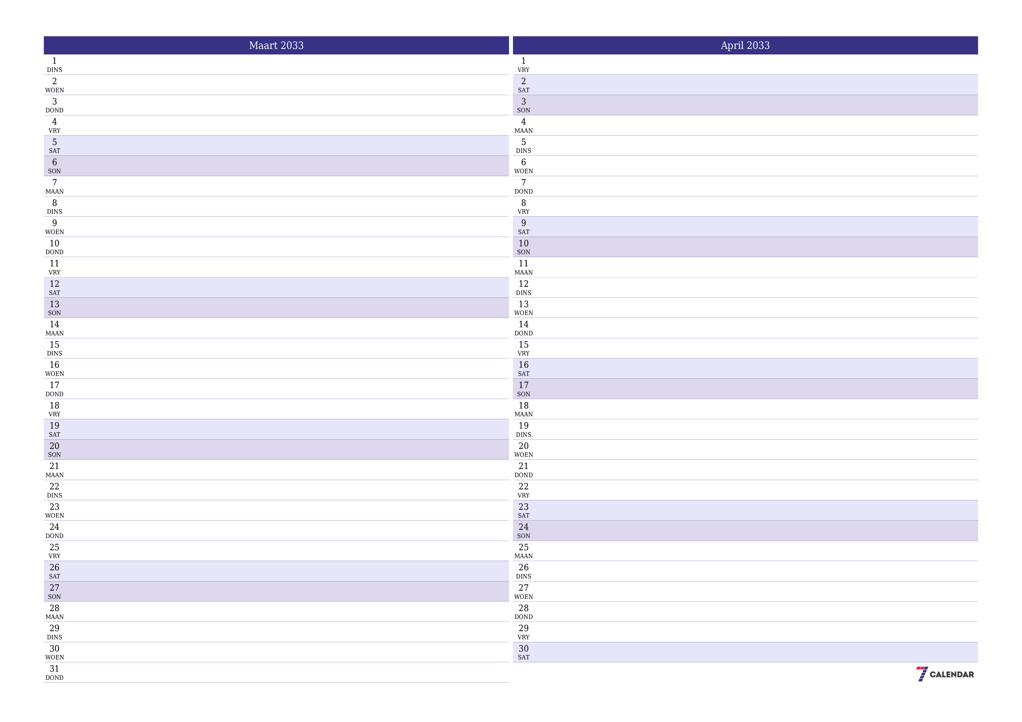 Leë maandelikse drukbare kalender en beplanner vir maand Maart 2033 met notas stoor en druk na PDF PNG Afrikaans