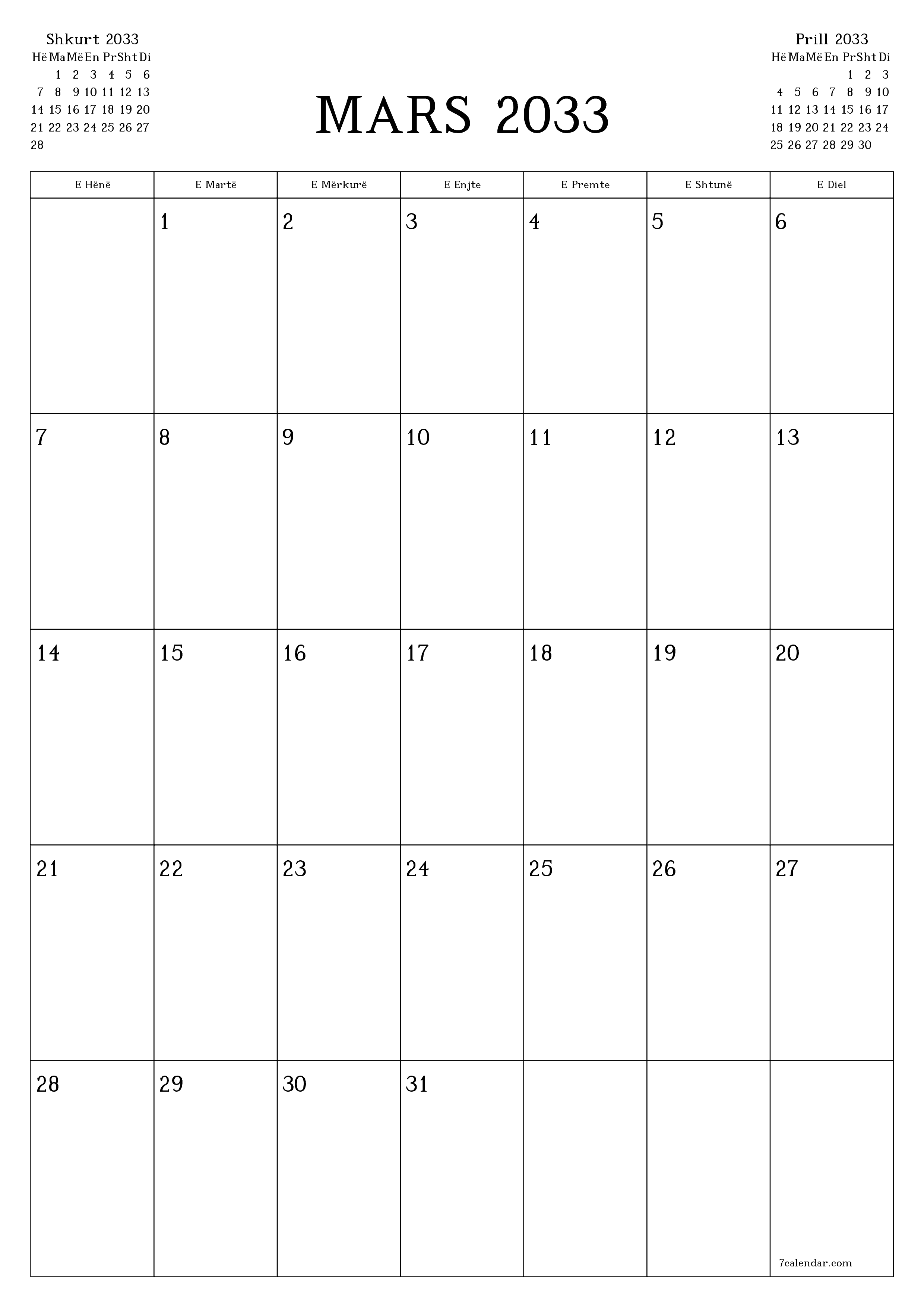  i printueshëm muri shabllon falasvertikale mujore planifikues kalendar Mars (Mar) 2033