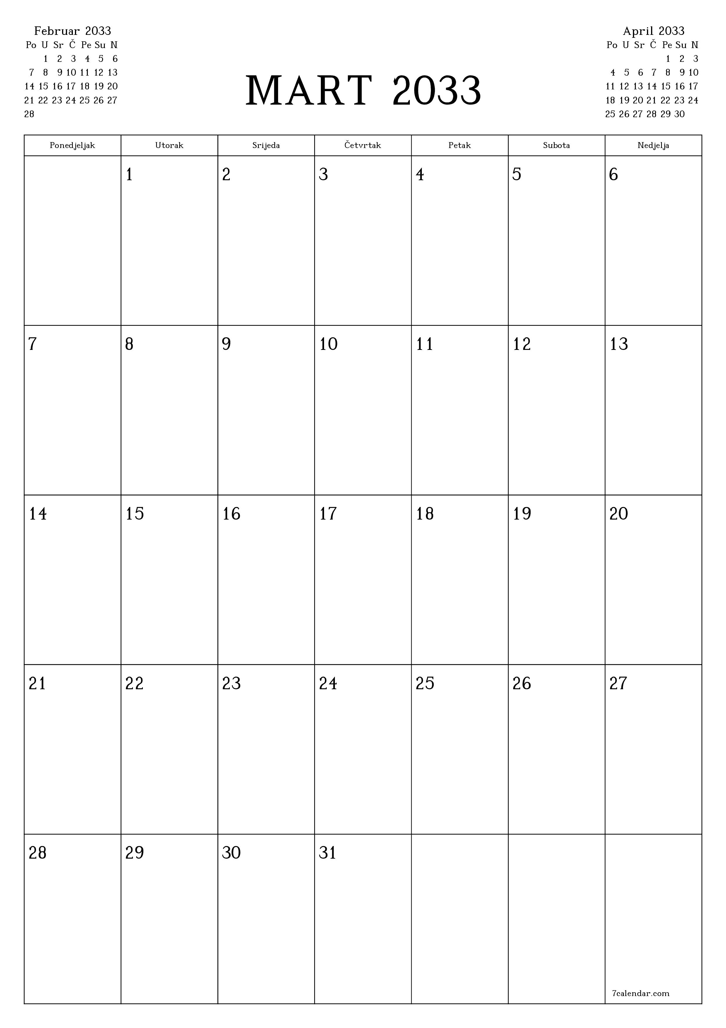  za štampanje zidni šablon a besplatni vertikalno Mjesečno planer kalendar Mart (Mar) 2033