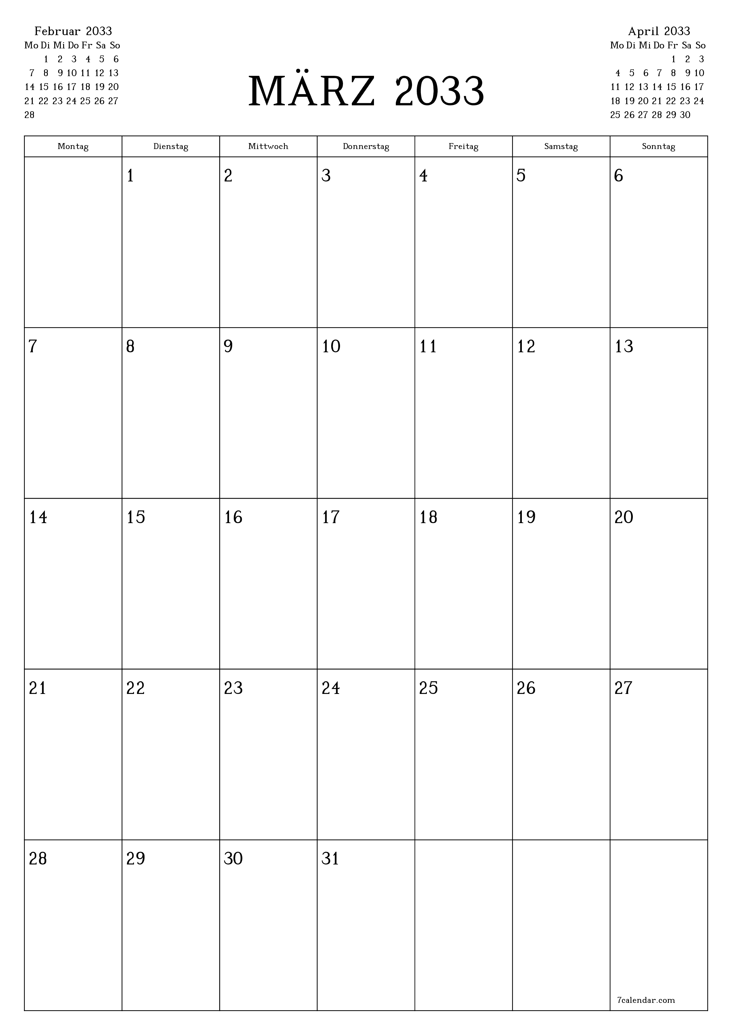  zum Ausdrucken Wandkalender vorlage kostenloser vertikal Monatlich Planer Kalender März (Mär) 2033