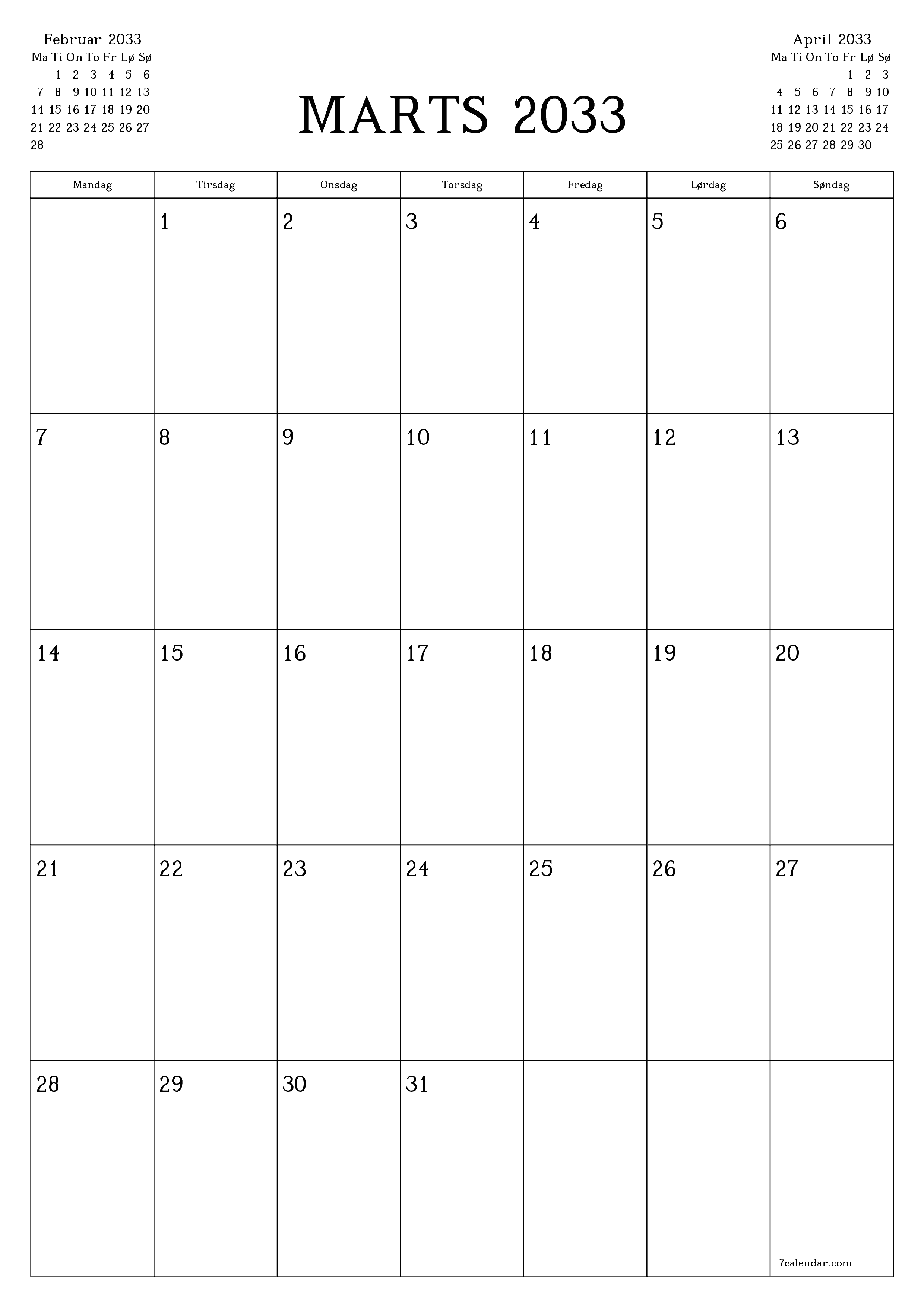 udskrivbar væg skabelon gratis lodret Månedlig planlægger kalender Marts (Mar) 2033