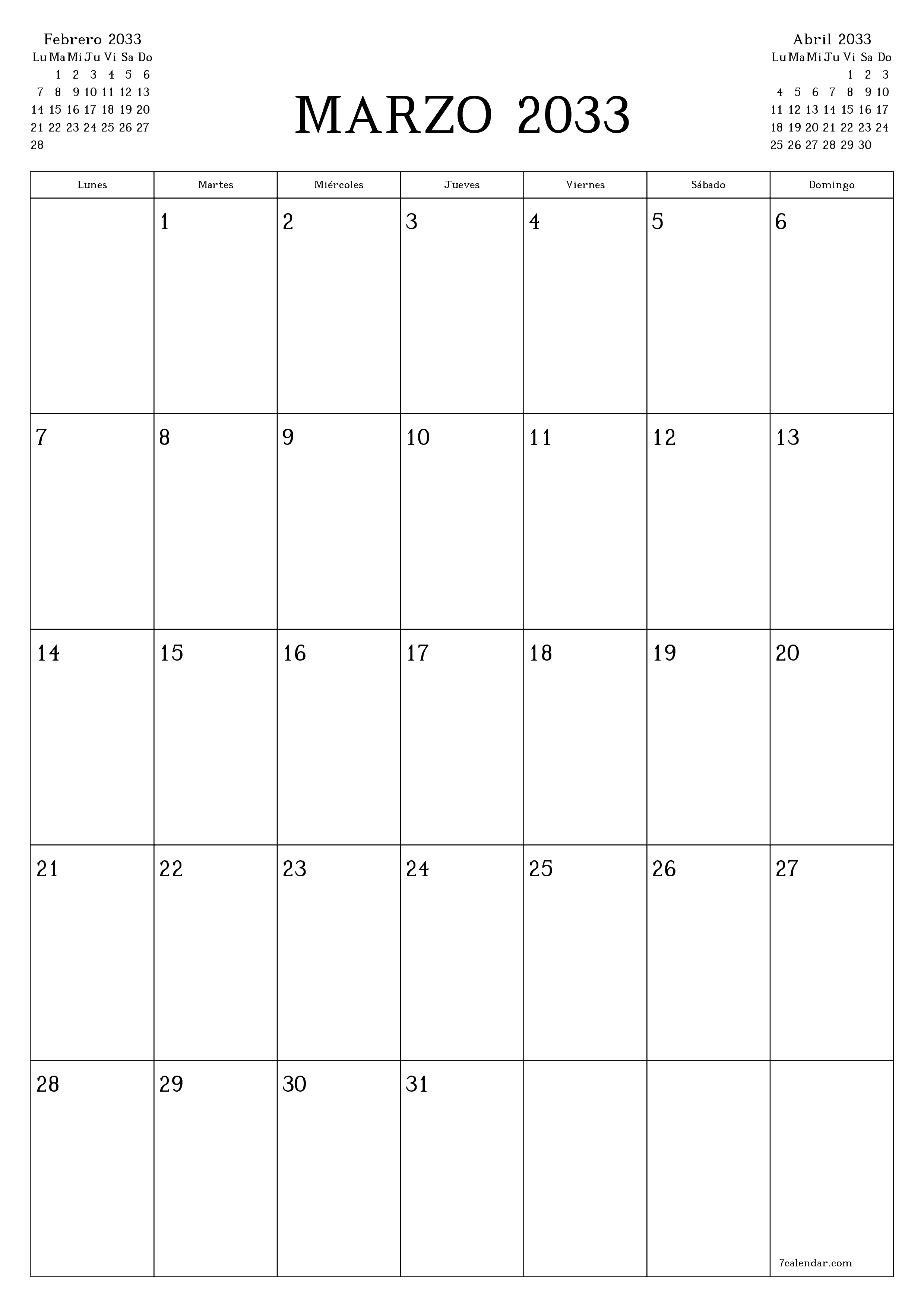  imprimible de pared plantilla de gratisvertical Mensual planificador calendario Marzo (Mar) 2033