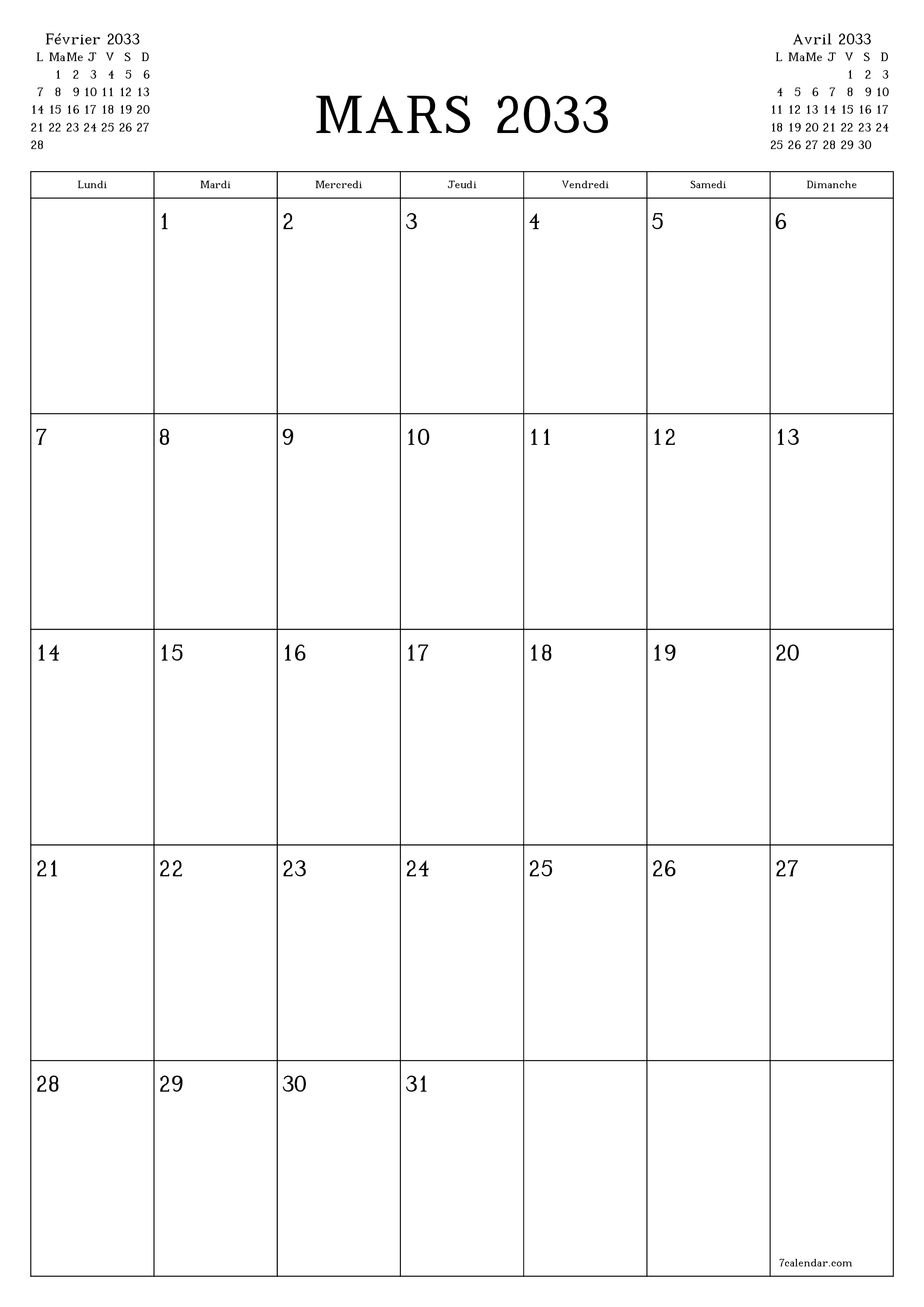  imprimable mural modèle de gratuitverticale Mensuel planificateur calendrier Mars (Mar) 2033