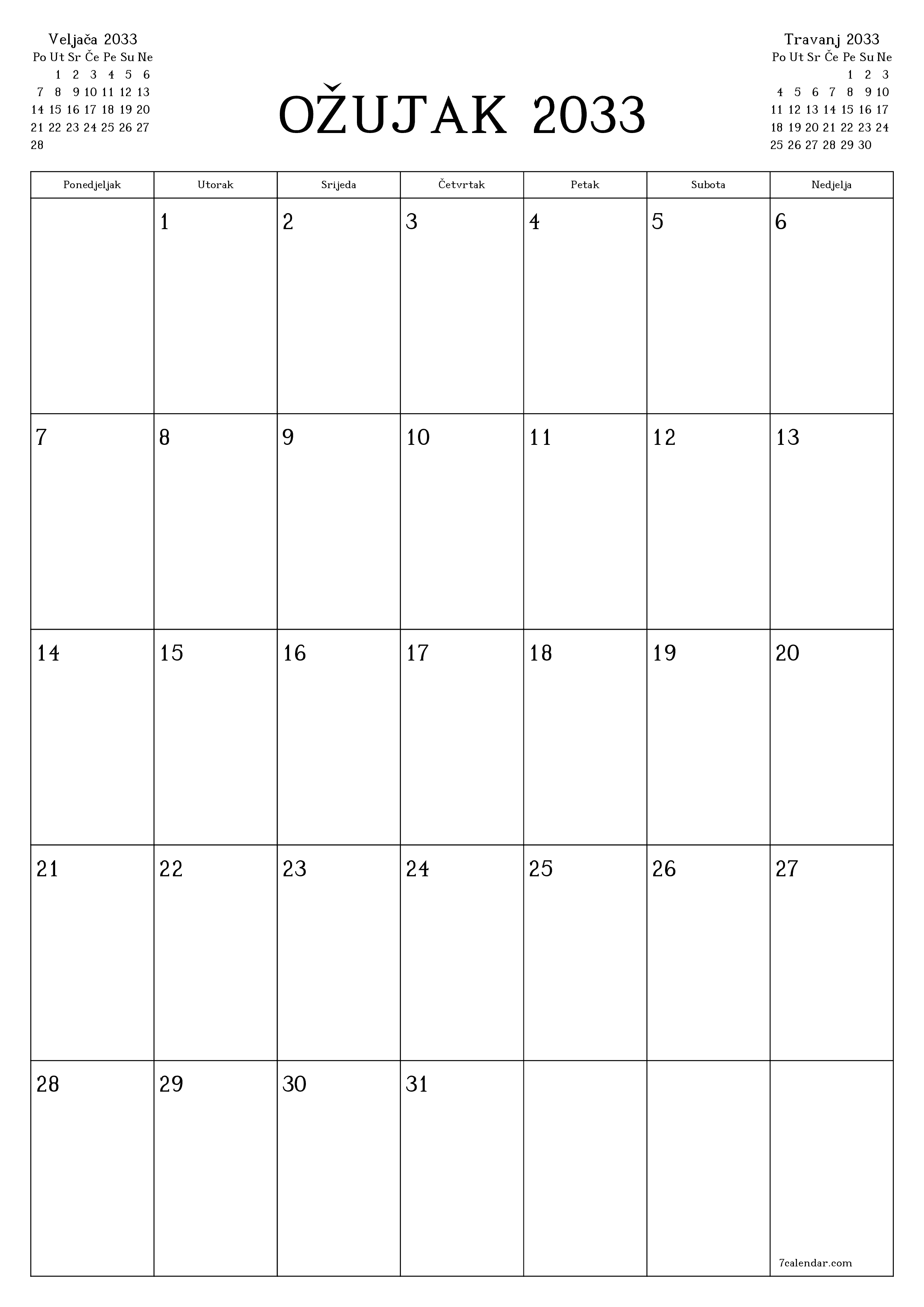  za ispis zidni predložak a besplatni okomito Mjesečni planer kalendar Ožujak (Ožu) 2033