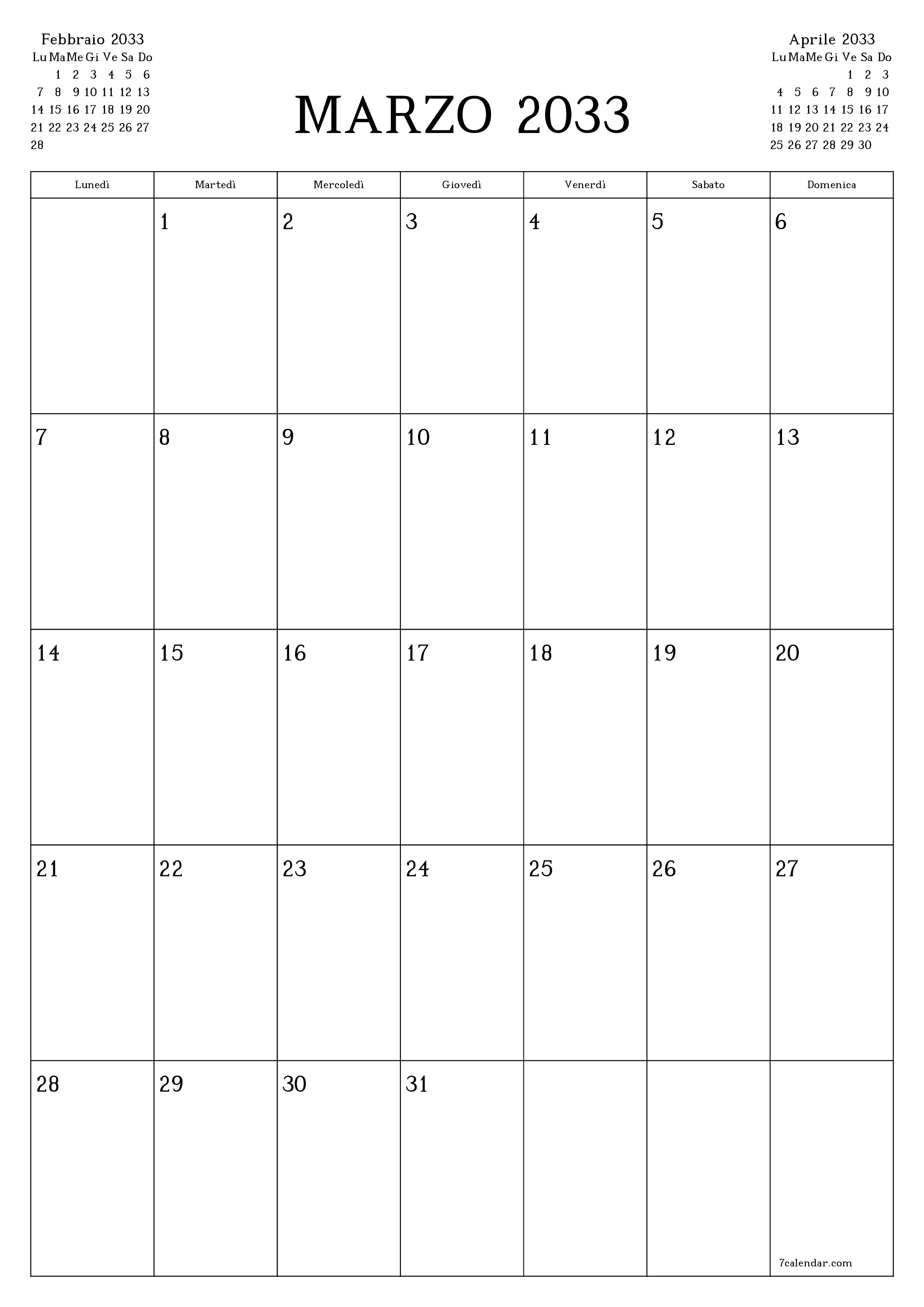  stampabile da parete modello di gratuitoverticale Mensile pianificatore calendario Marzo (Mar) 2033