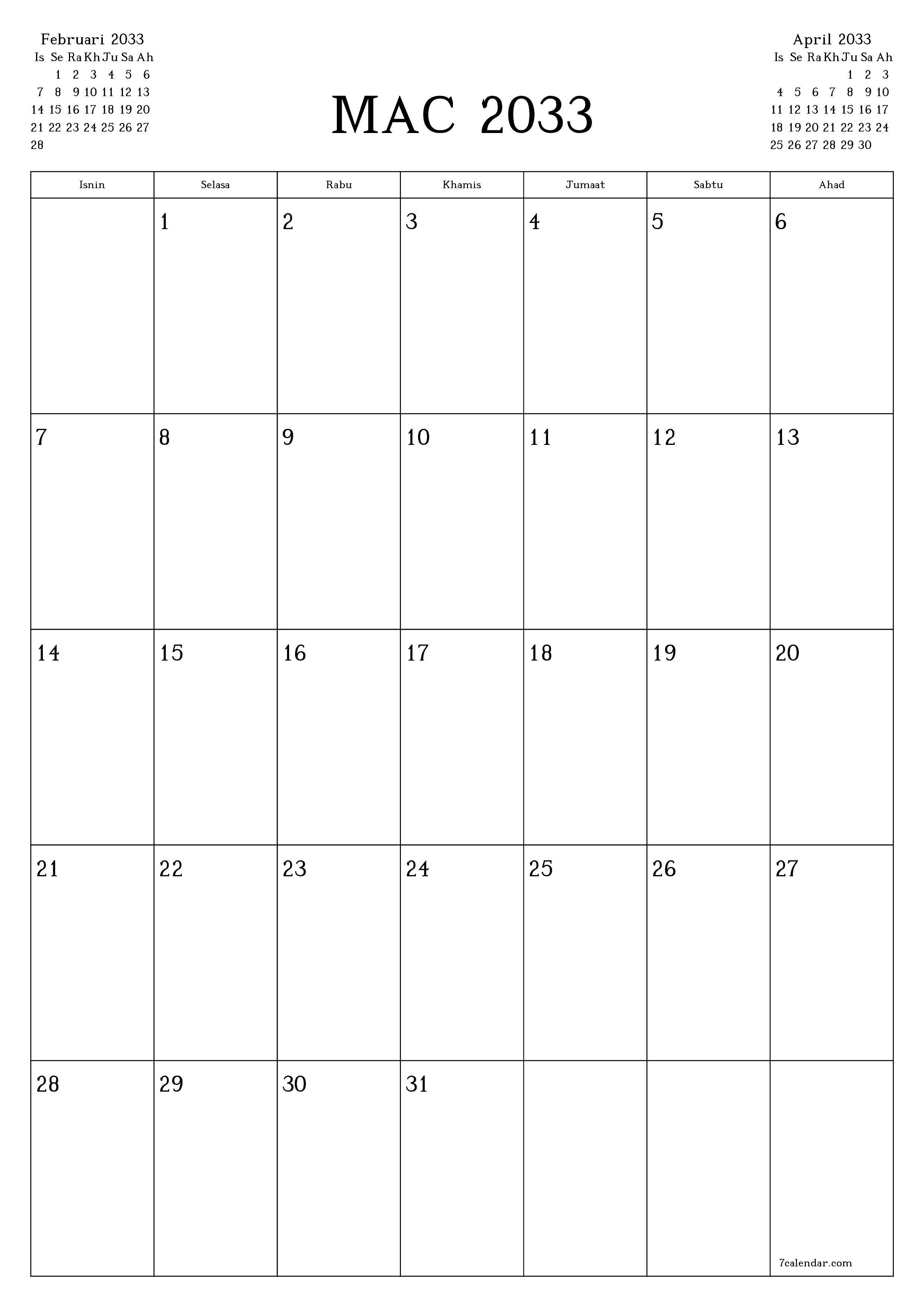  boleh cetak dinding templat percumamenegak Bulanan perancang kalendar Mac (Mar) 2033