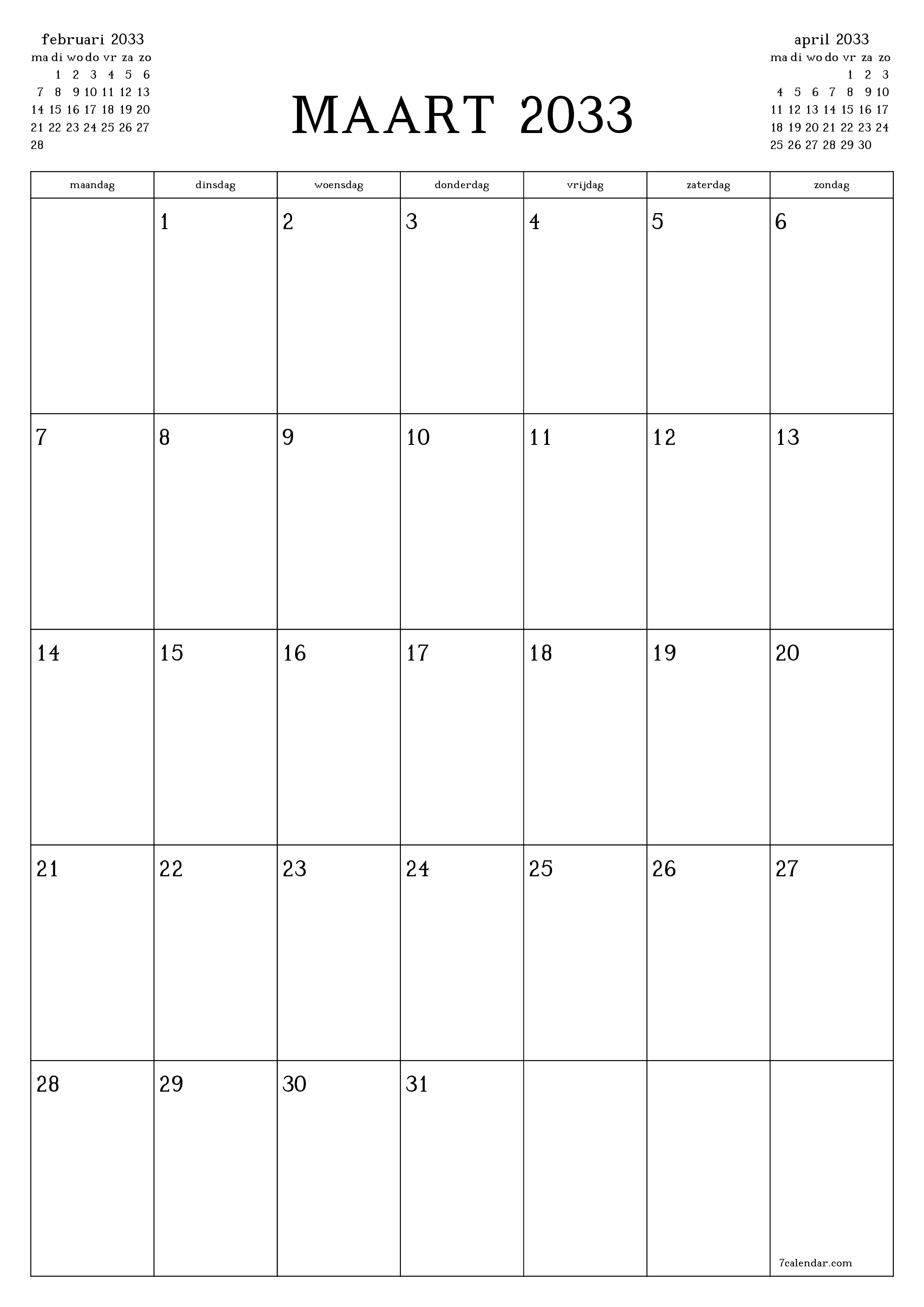 afdrukbare muur sjabloon gratis verticaal Maandelijks planner kalender maart (mrt) 2033