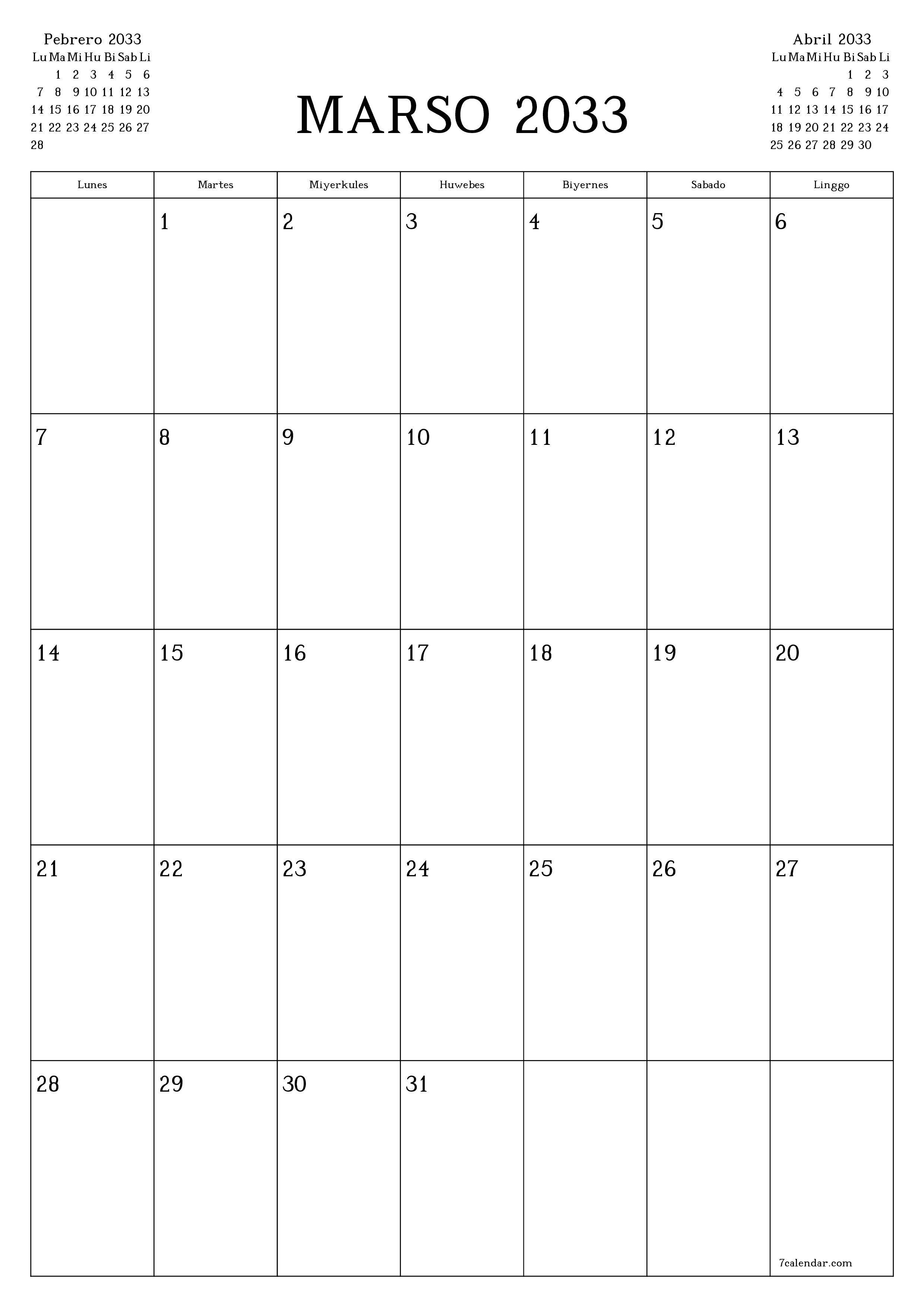 napi-print na sa dingding template ng libreng patayo Buwanang tagaplano kalendaryo Marso (Mar) 2033