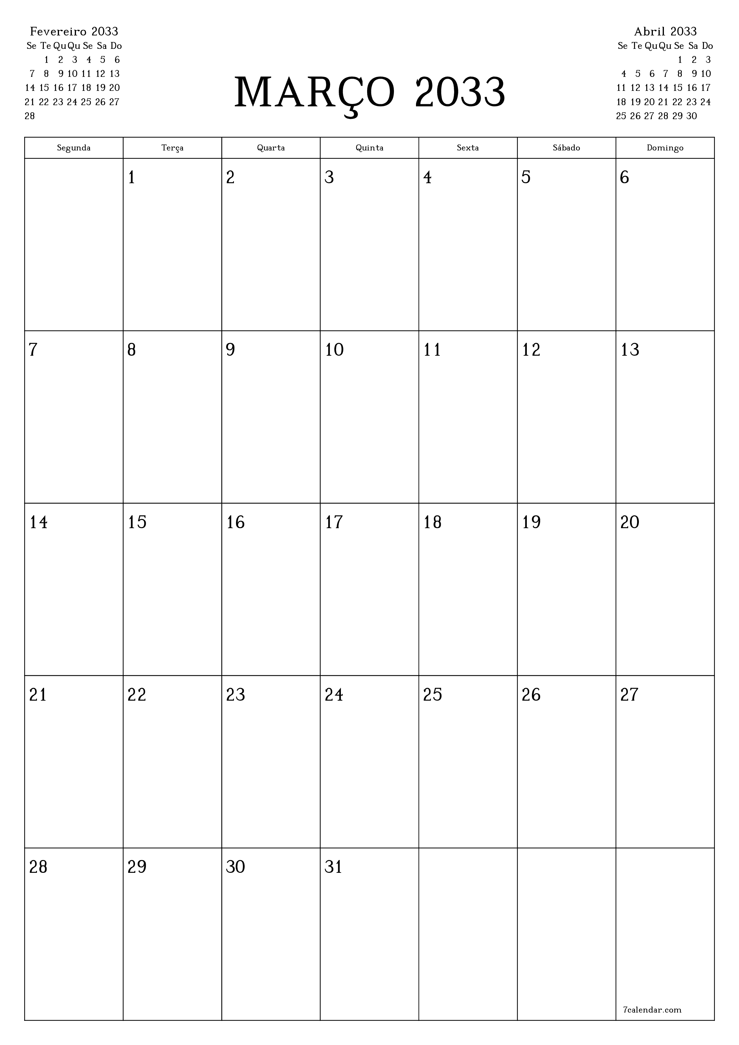  para impressão de parede modelo de grátisvertical Mensal planejador calendário Março (Mar) 2033
