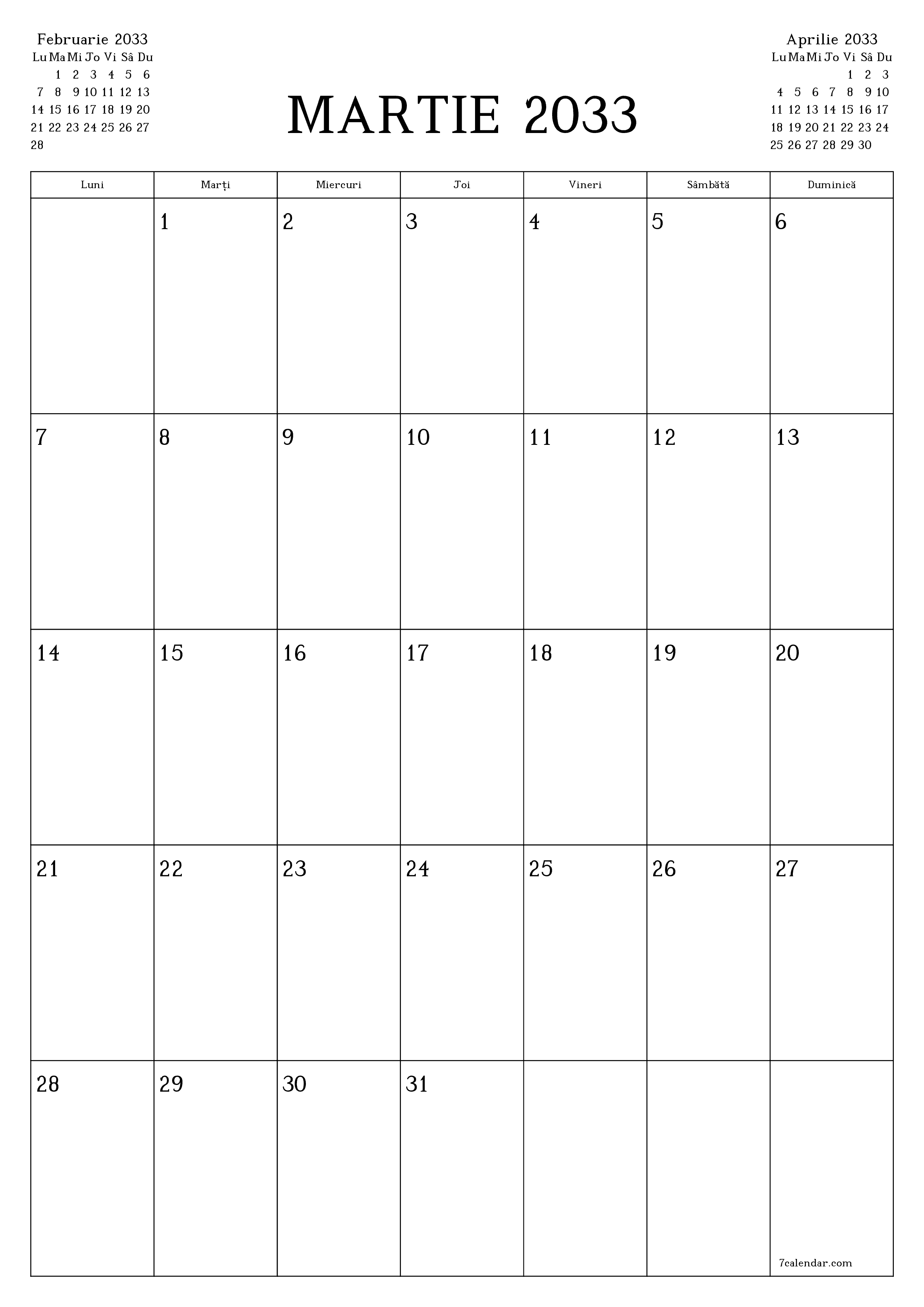  imprimabil de perete șablon de gratuitvertical Lunar planificator calendar Martie (Mar) 2033