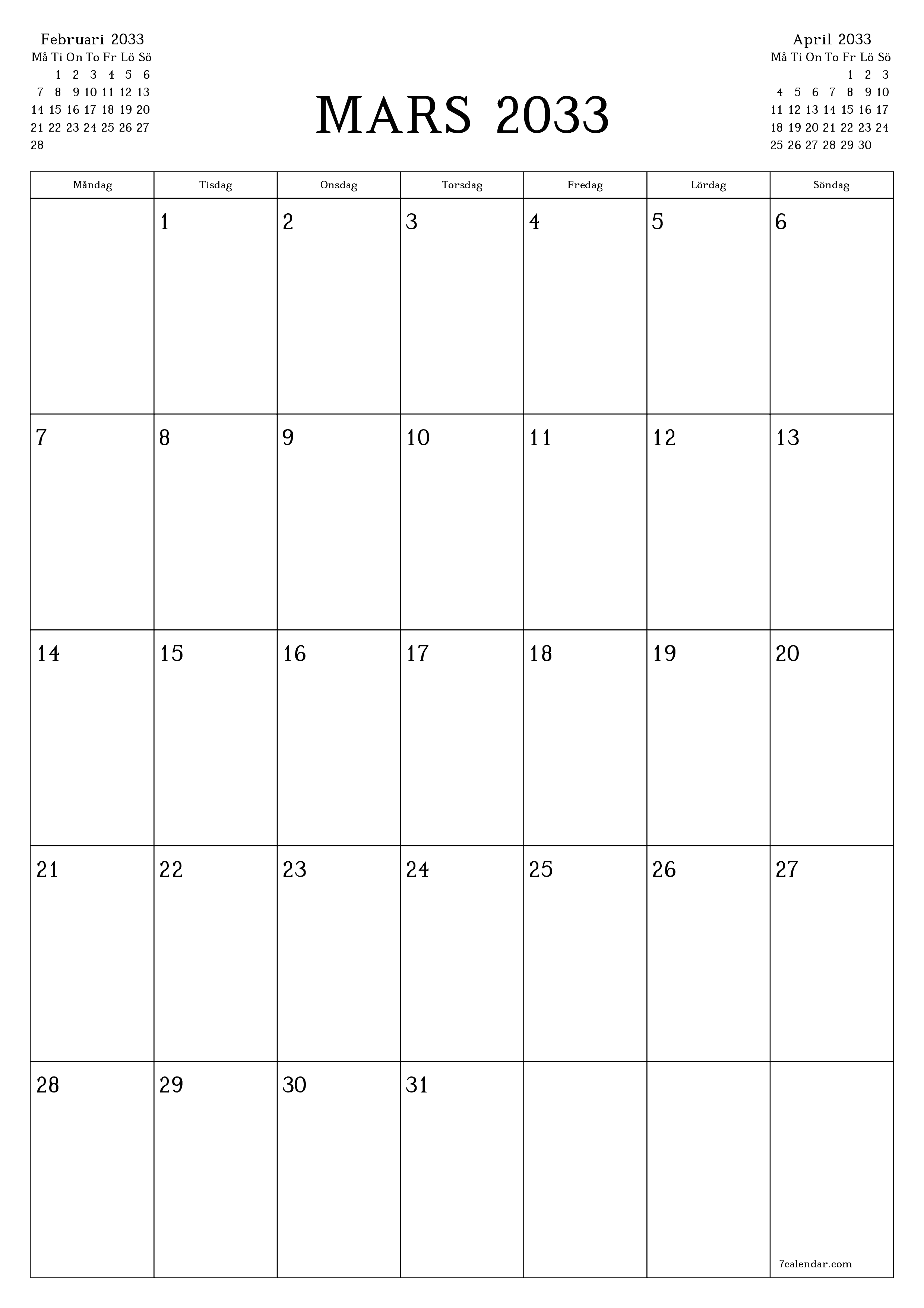 utskrivbar vägg mall gratis vertikal Månatlig planerare kalender Mars (Mar) 2033