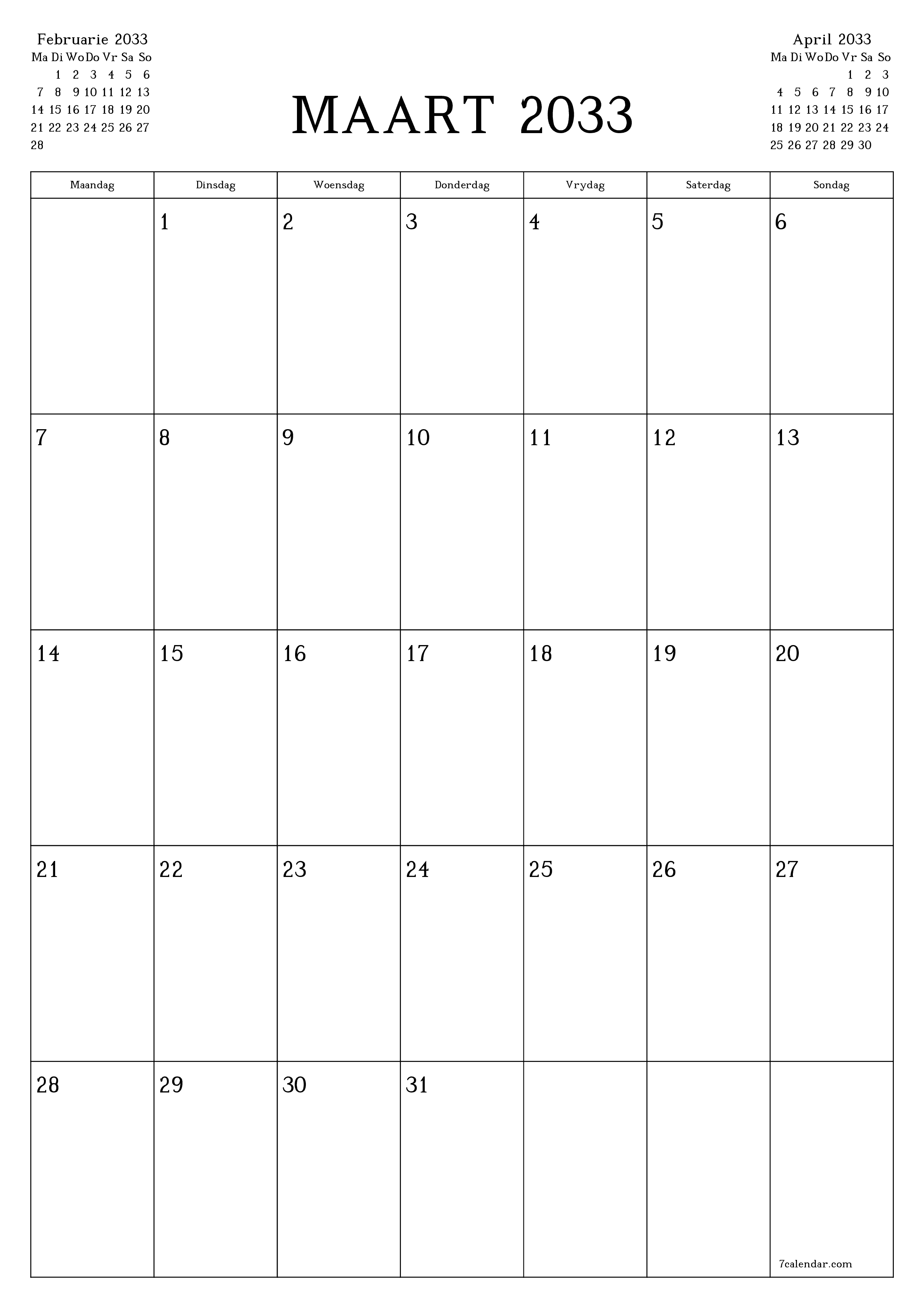 drukbare muur template gratis vertikaal Maandeliks beplanner kalender Maart (Mar) 2033