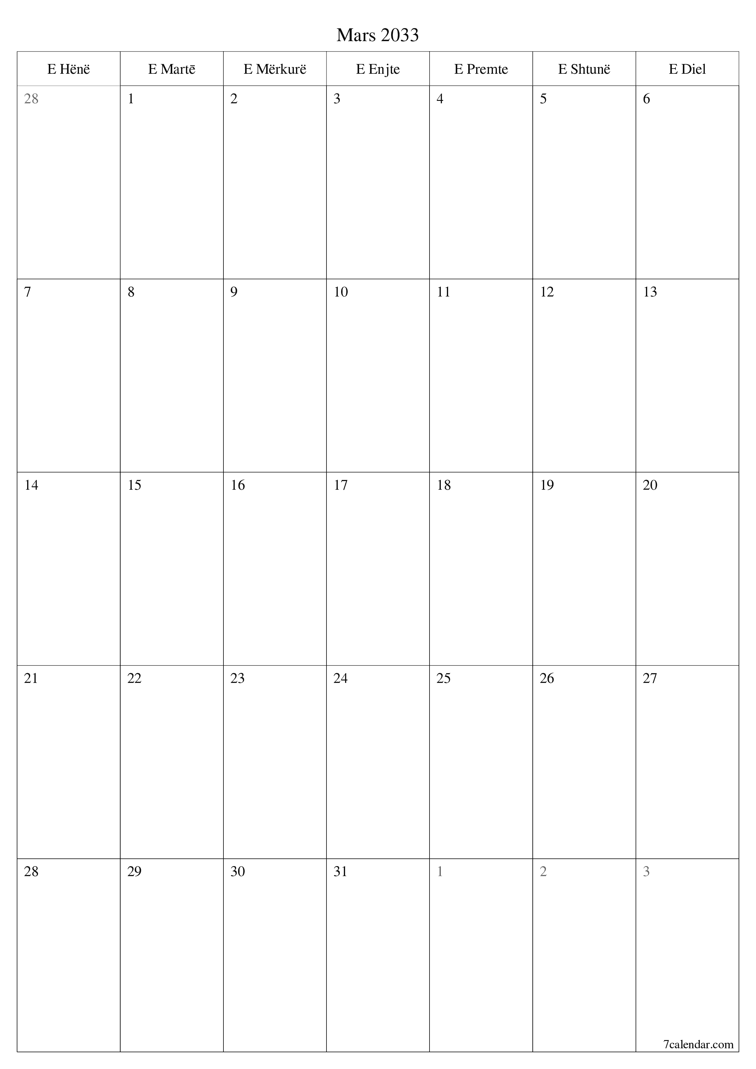  i printueshëm muri shabllon falasvertikale mujore planifikues kalendar Mars (Mar) 2033