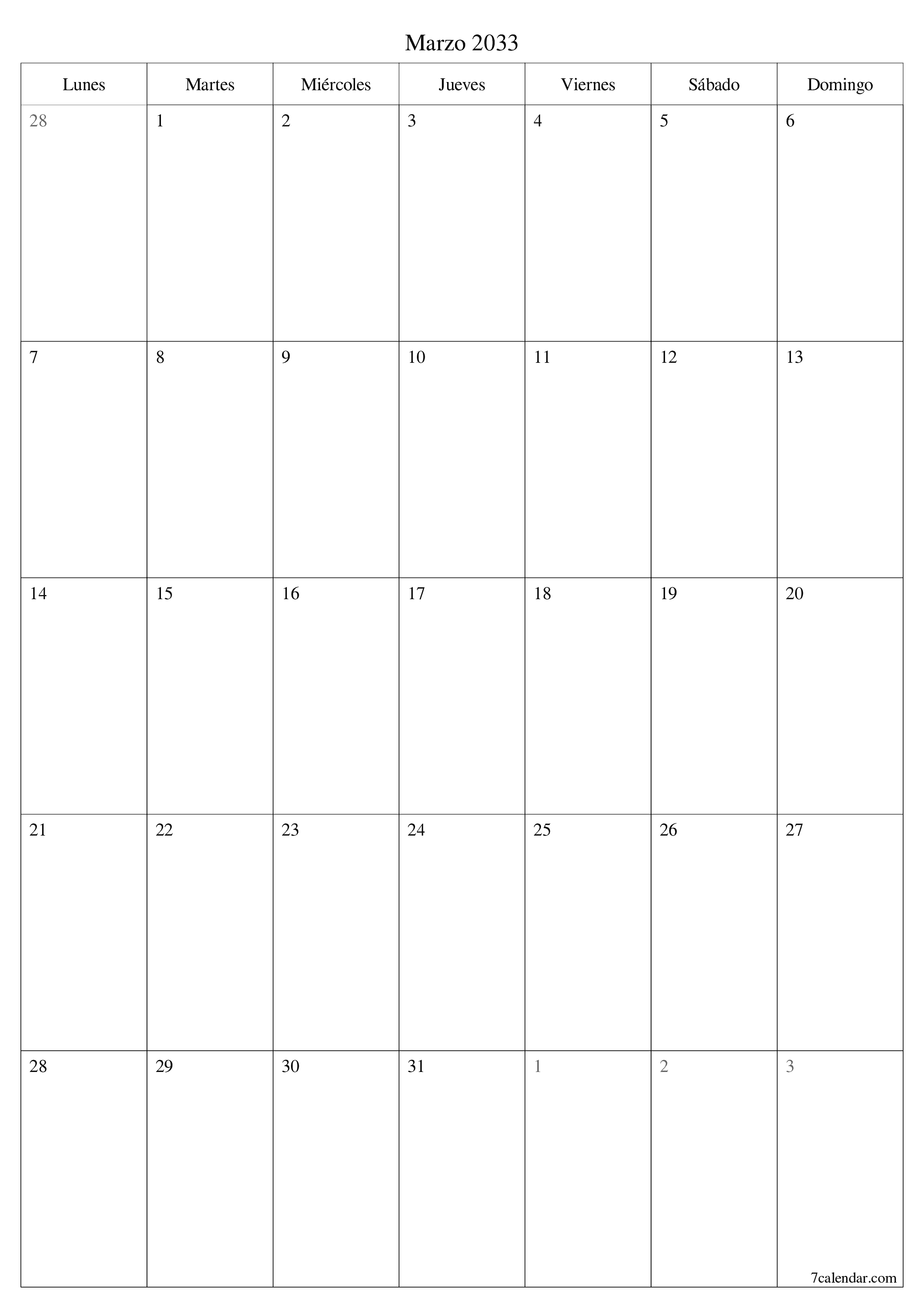  imprimible de pared plantilla de gratisvertical Mensual planificador calendario Marzo (Mar) 2033