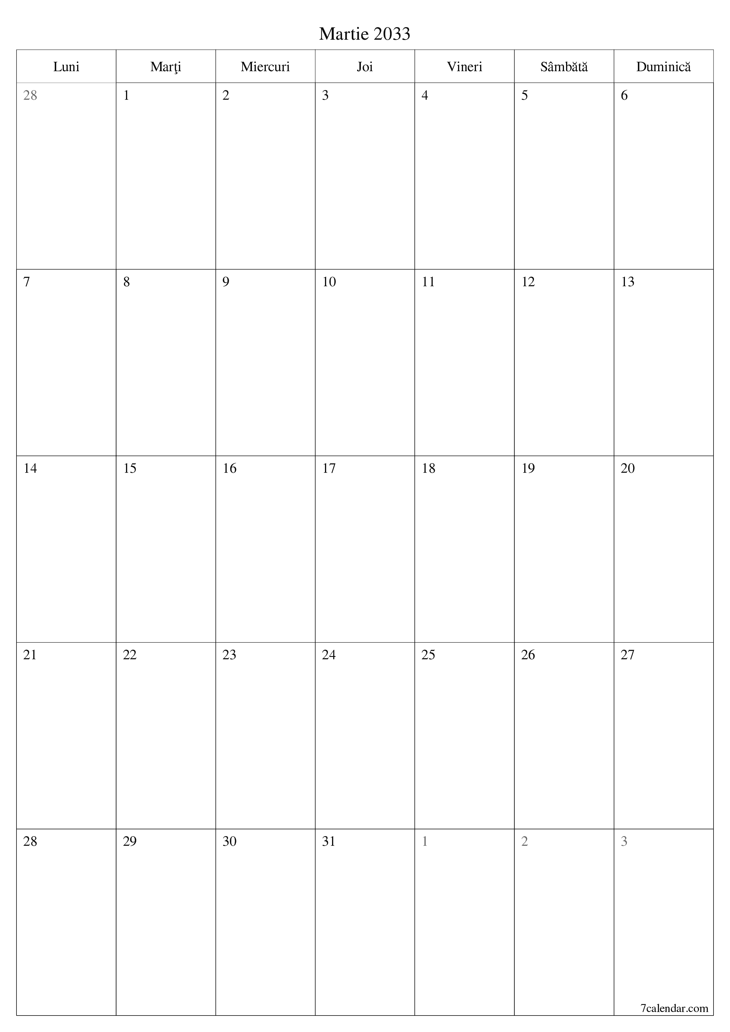  imprimabil de perete șablon de gratuitvertical Lunar planificator calendar Martie (Mar) 2033