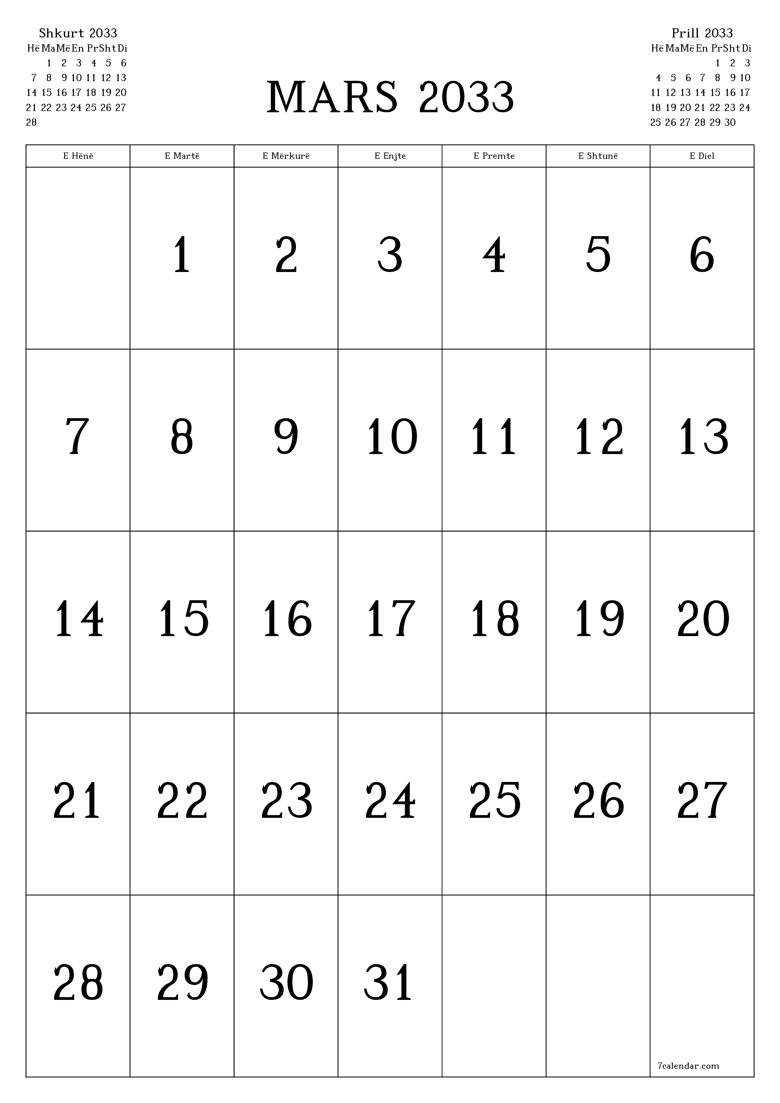  i printueshëm muri shabllon falasvertikale mujore kalendar Mars (Mar) 2033