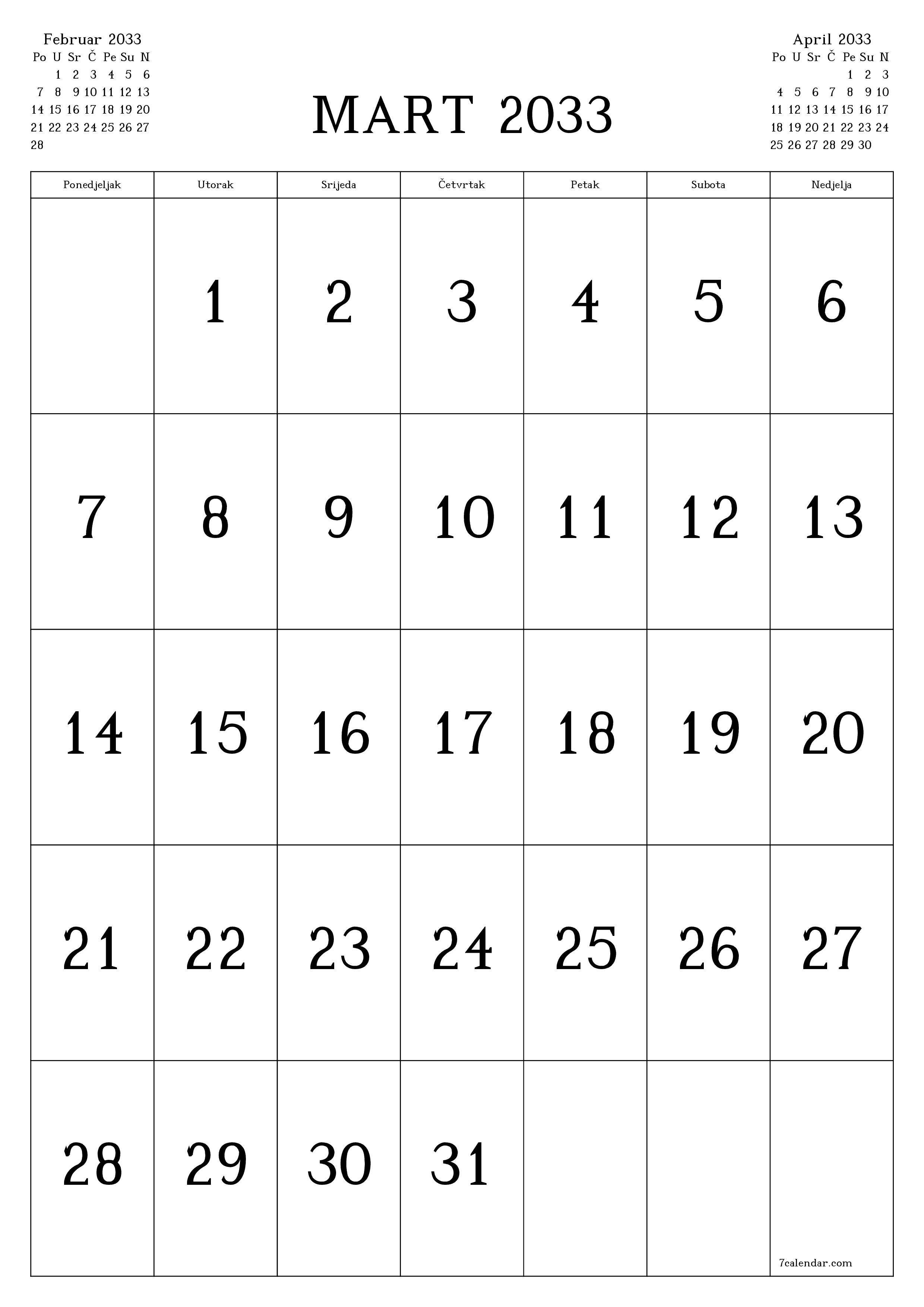  za štampanje zidni šablon a besplatni vertikalno Mjesečno kalendar Mart (Mar) 2033