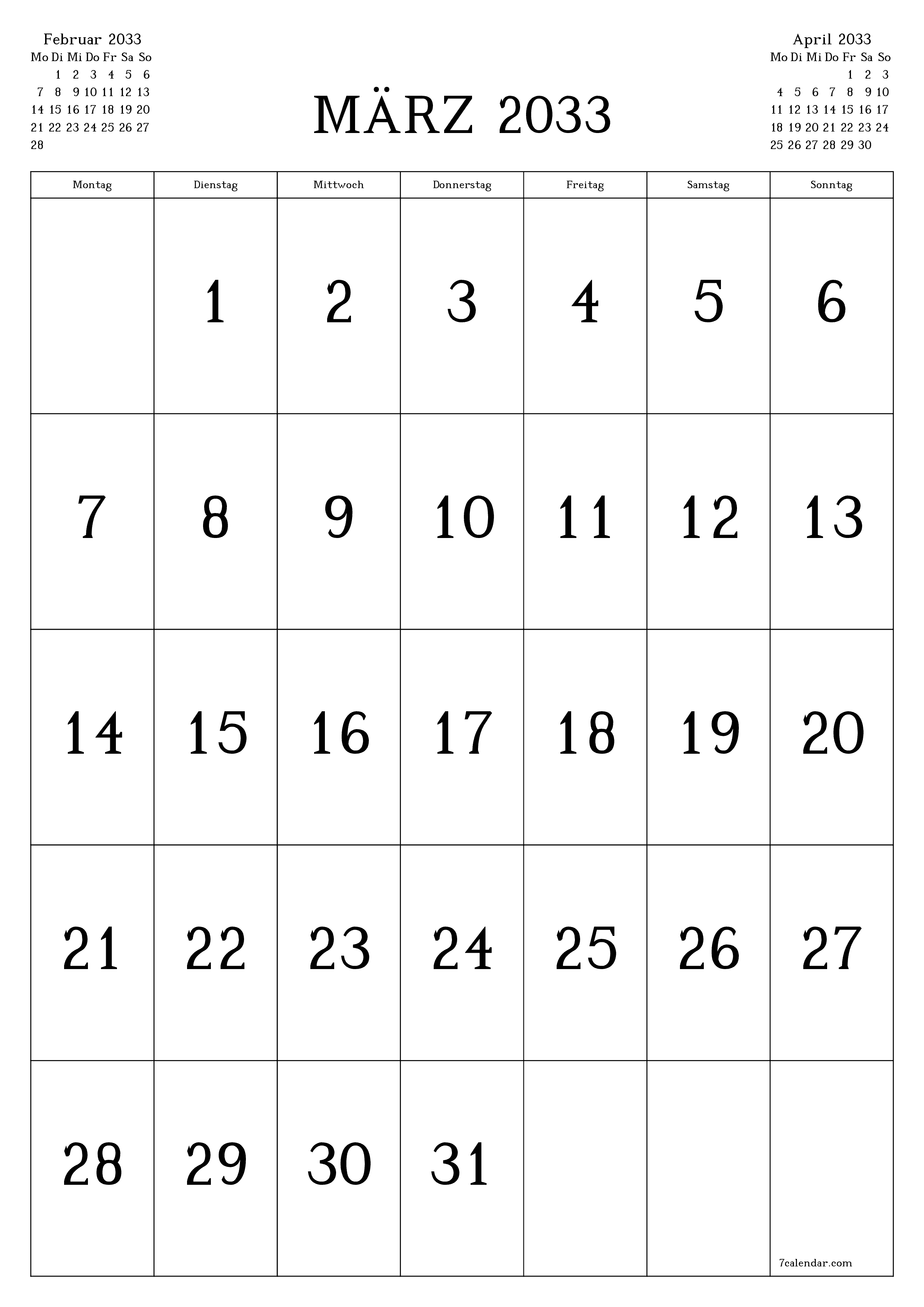 Monatsplaner für Monat März 2033 mit Notizen leeren, speichern und als PDF PNG German - 7calendar.com drucken