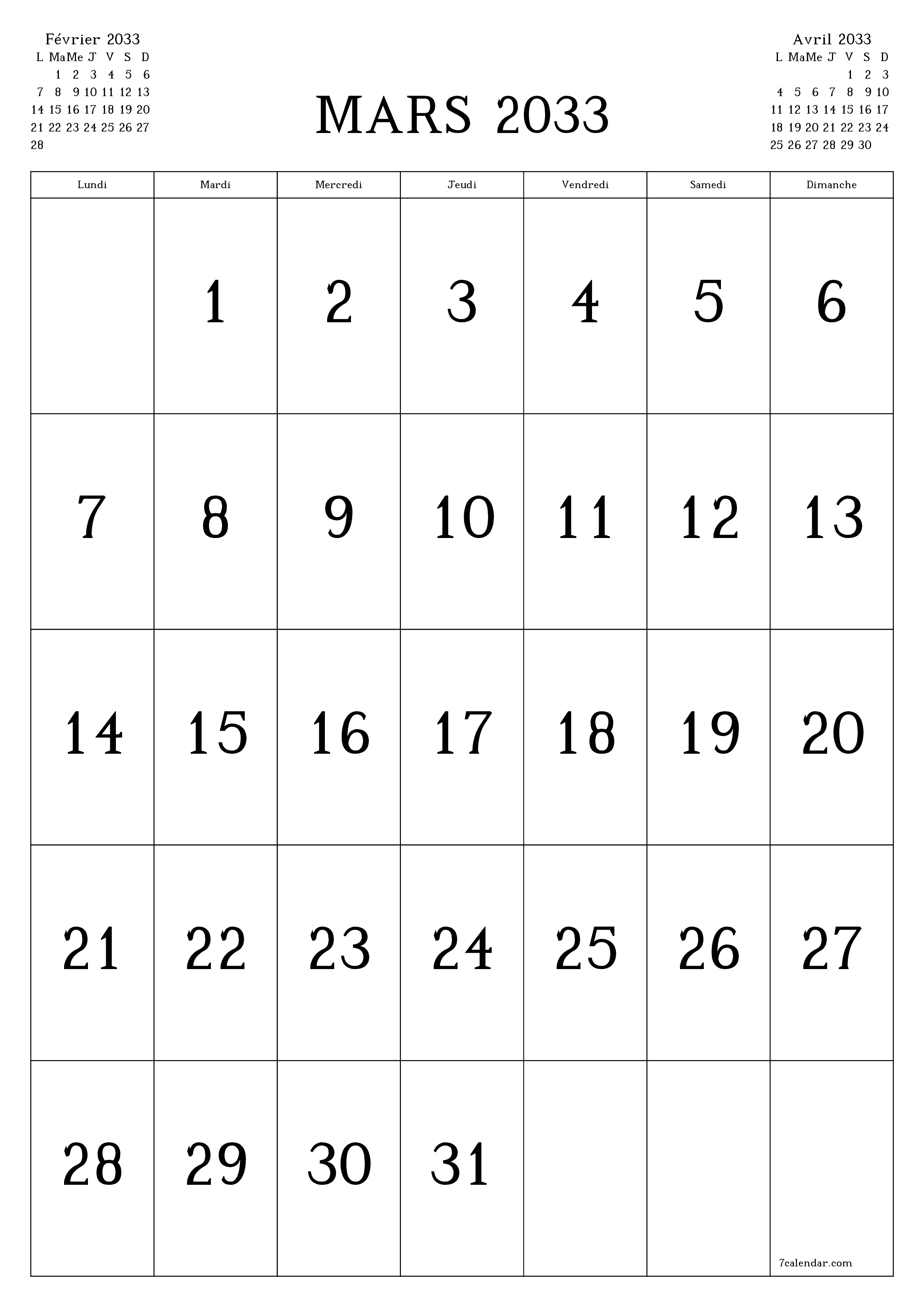  imprimable mural modèle de gratuitverticale Mensuel calendrier Mars (Mar) 2033