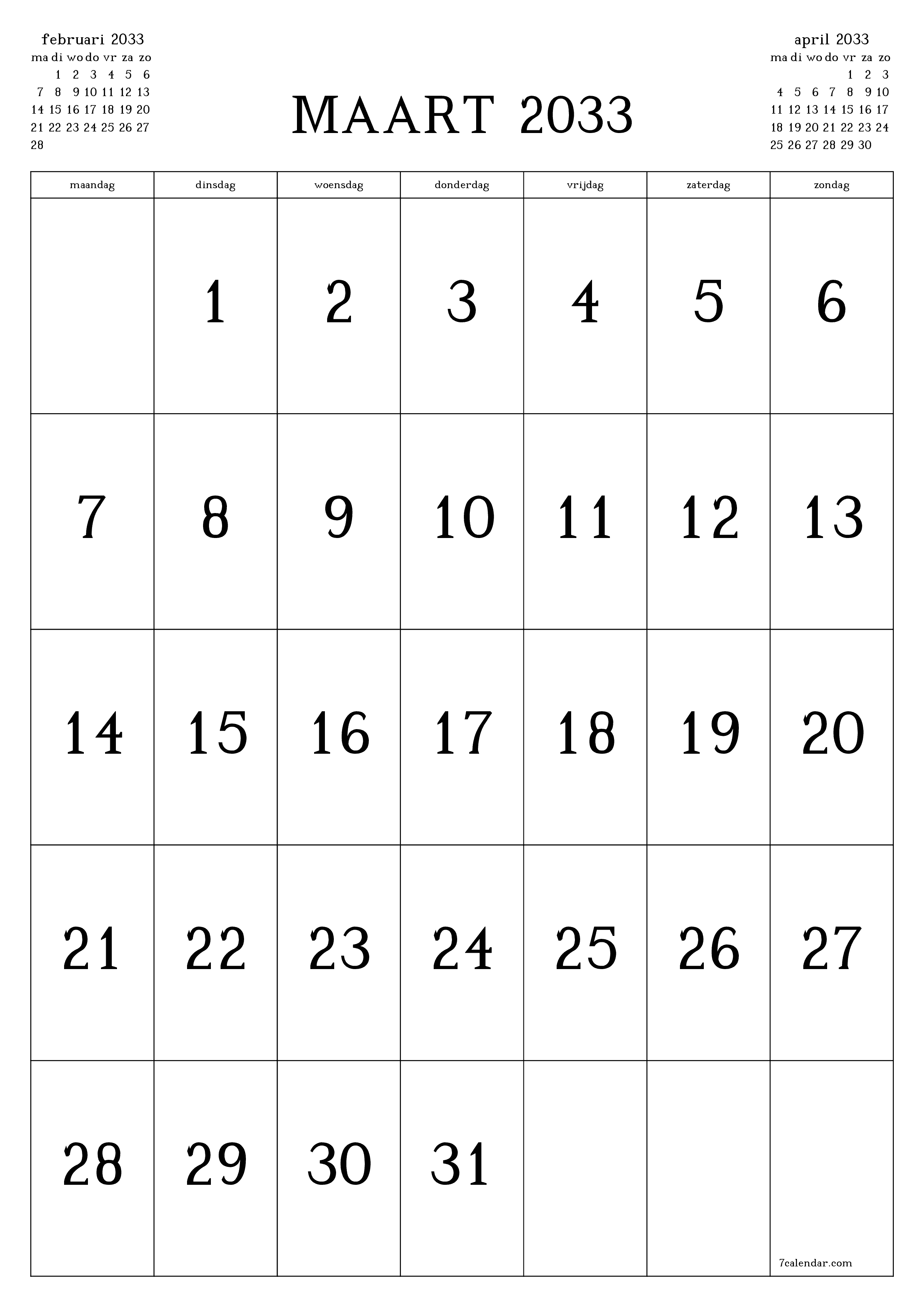 afdrukbare muur sjabloon gratis verticaal Maandelijks kalender maart (mrt) 2033