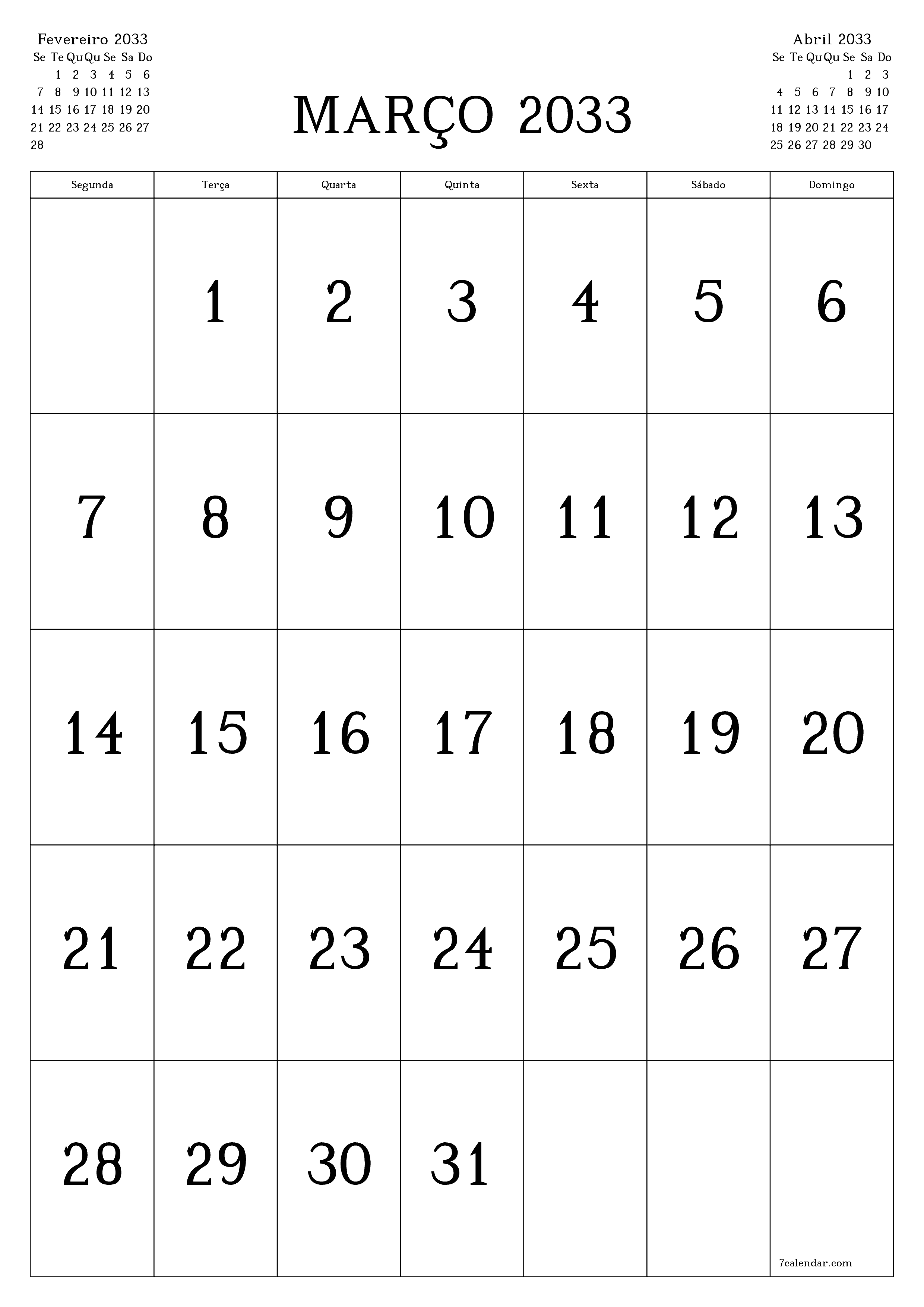  para impressão de parede modelo de grátisvertical Mensal calendário Março (Mar) 2033