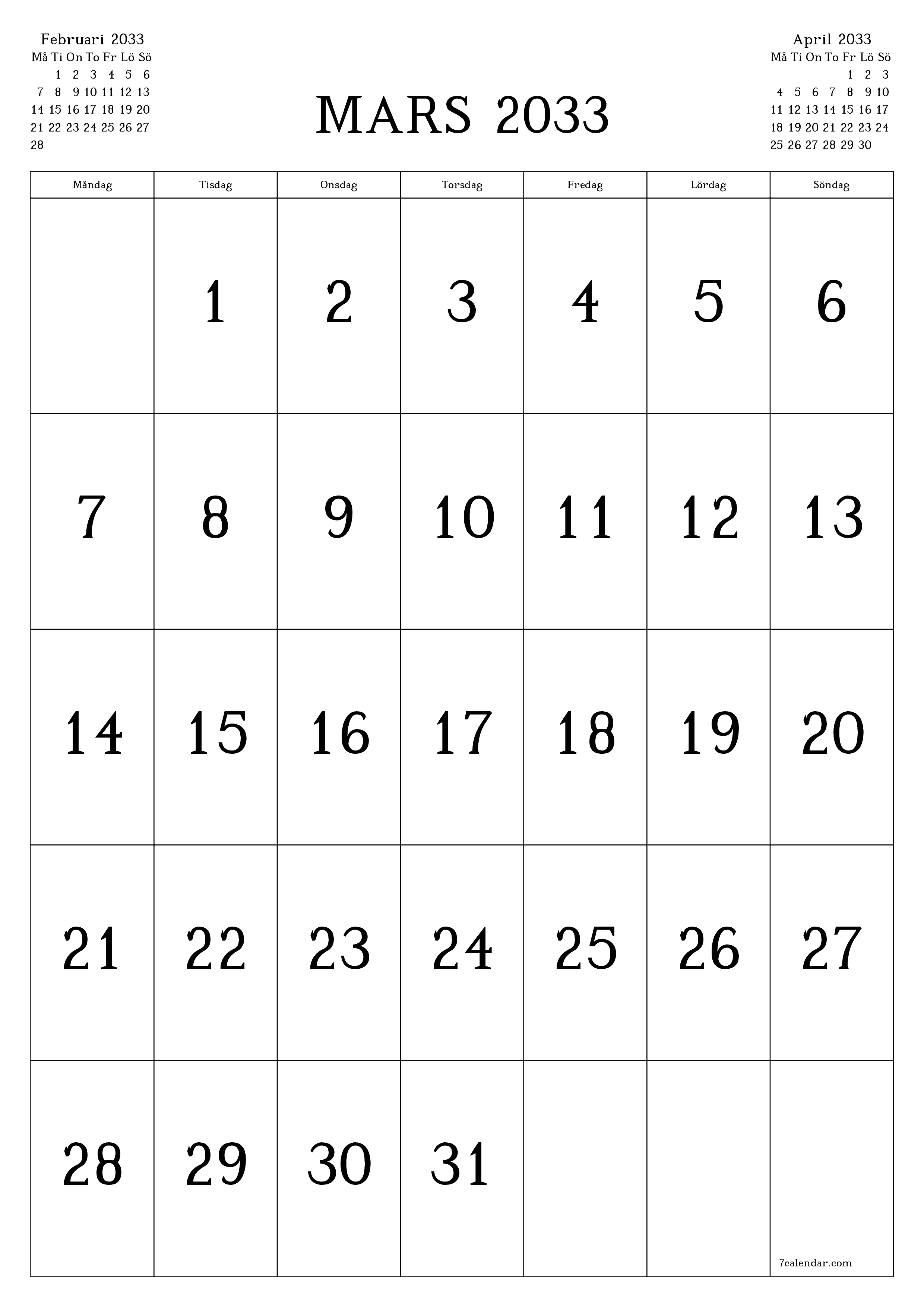utskrivbar vägg mall gratis vertikal Månatlig kalender Mars (Mar) 2033