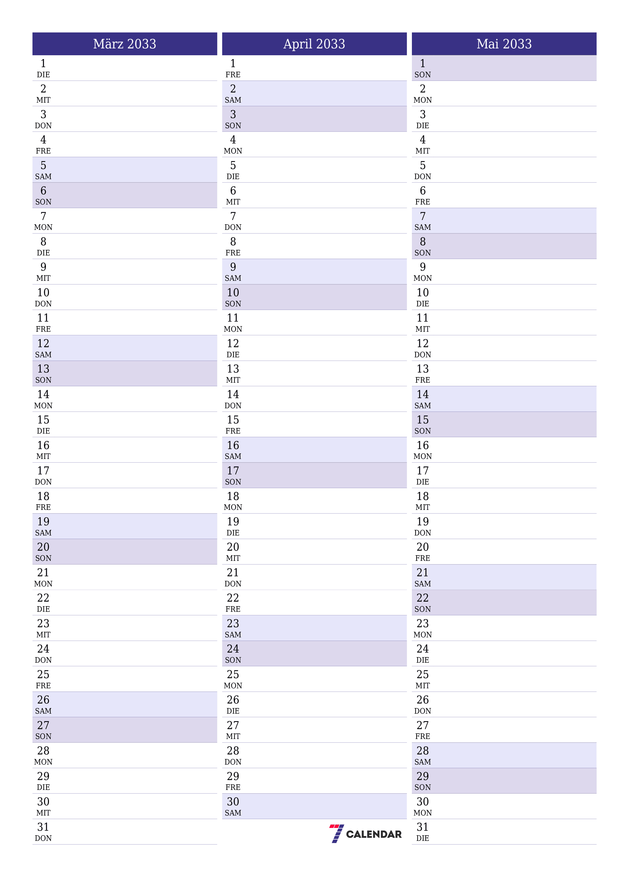  zum Ausdrucken Wandkalender vorlage kostenloser vertikal Monatlich Planer Kalender März (Mär) 2033