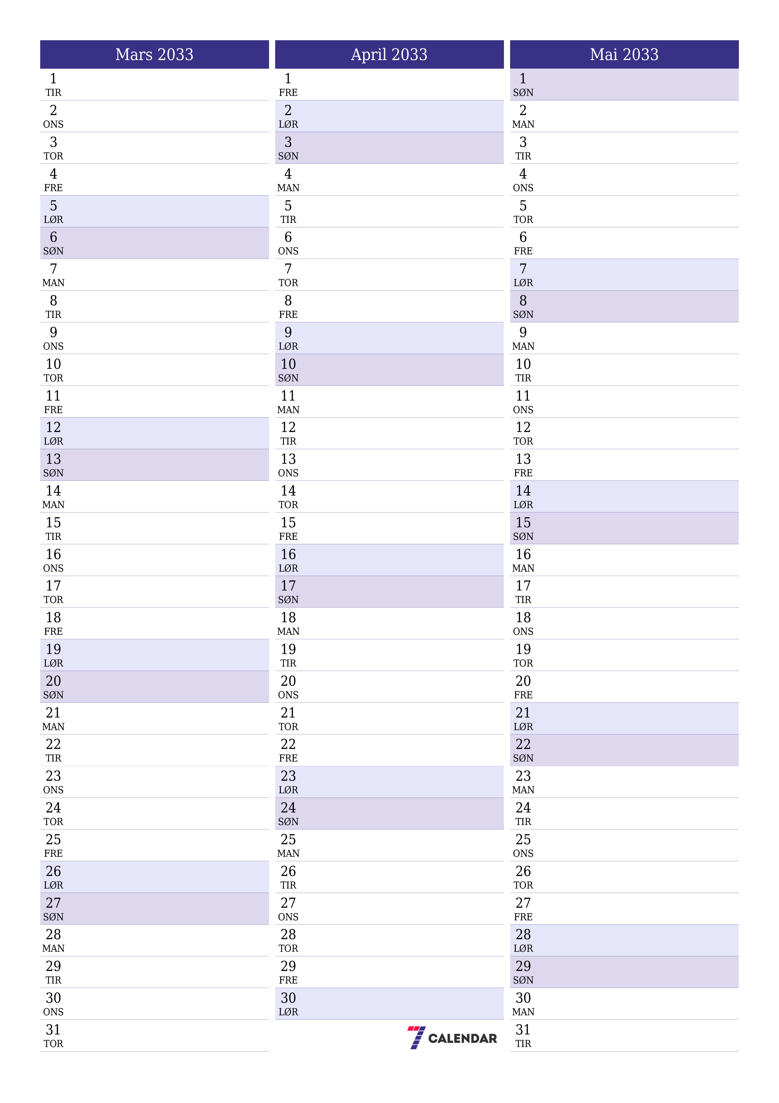 utskrivbar vegg mal gratis vertikal Månedlig planlegger kalender Mars (Mar) 2033