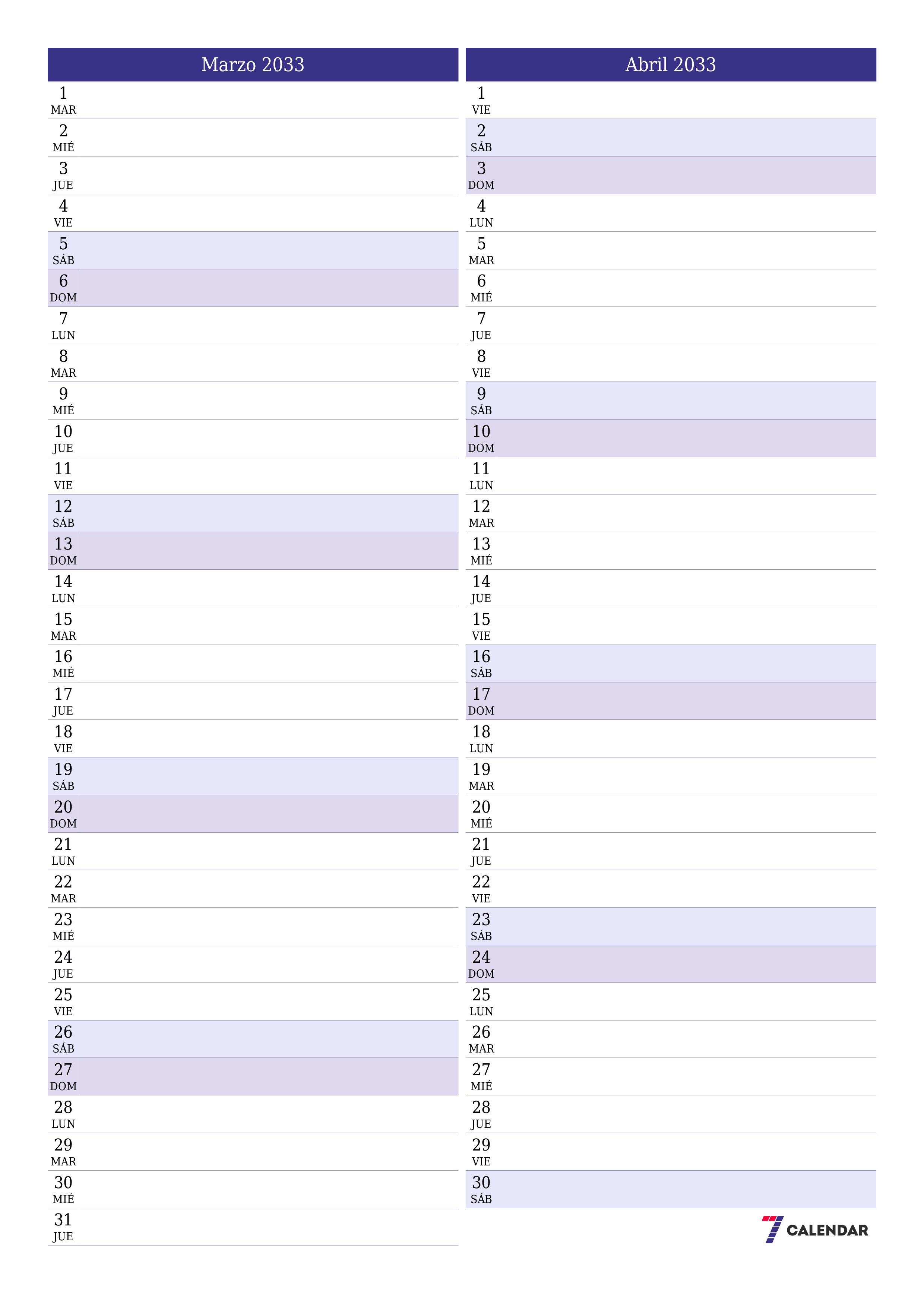  imprimible de pared plantilla de gratisvertical Mensual planificador calendario Marzo (Mar) 2033