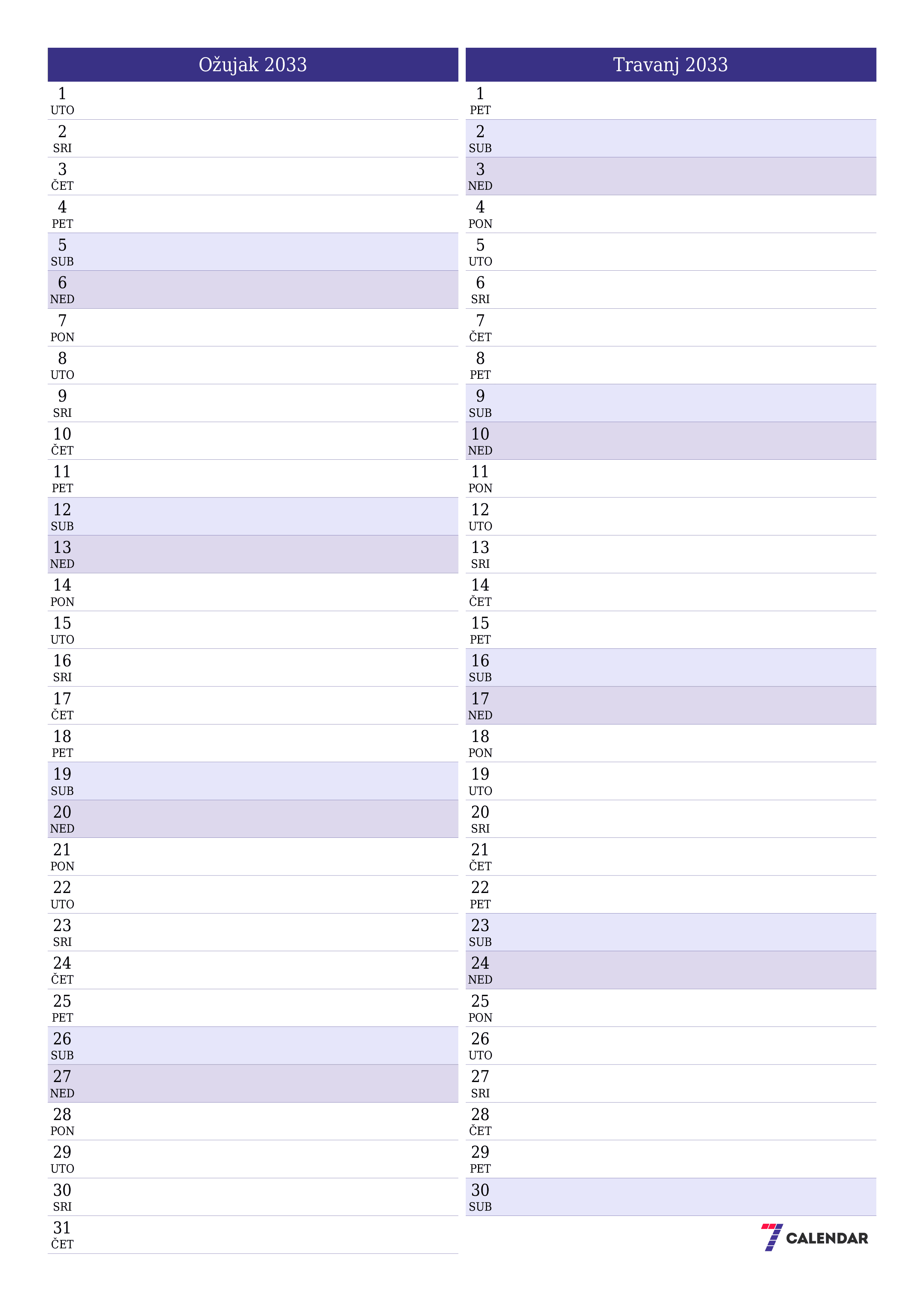  za ispis zidni predložak a besplatni okomito Mjesečni planer kalendar Ožujak (Ožu) 2033
