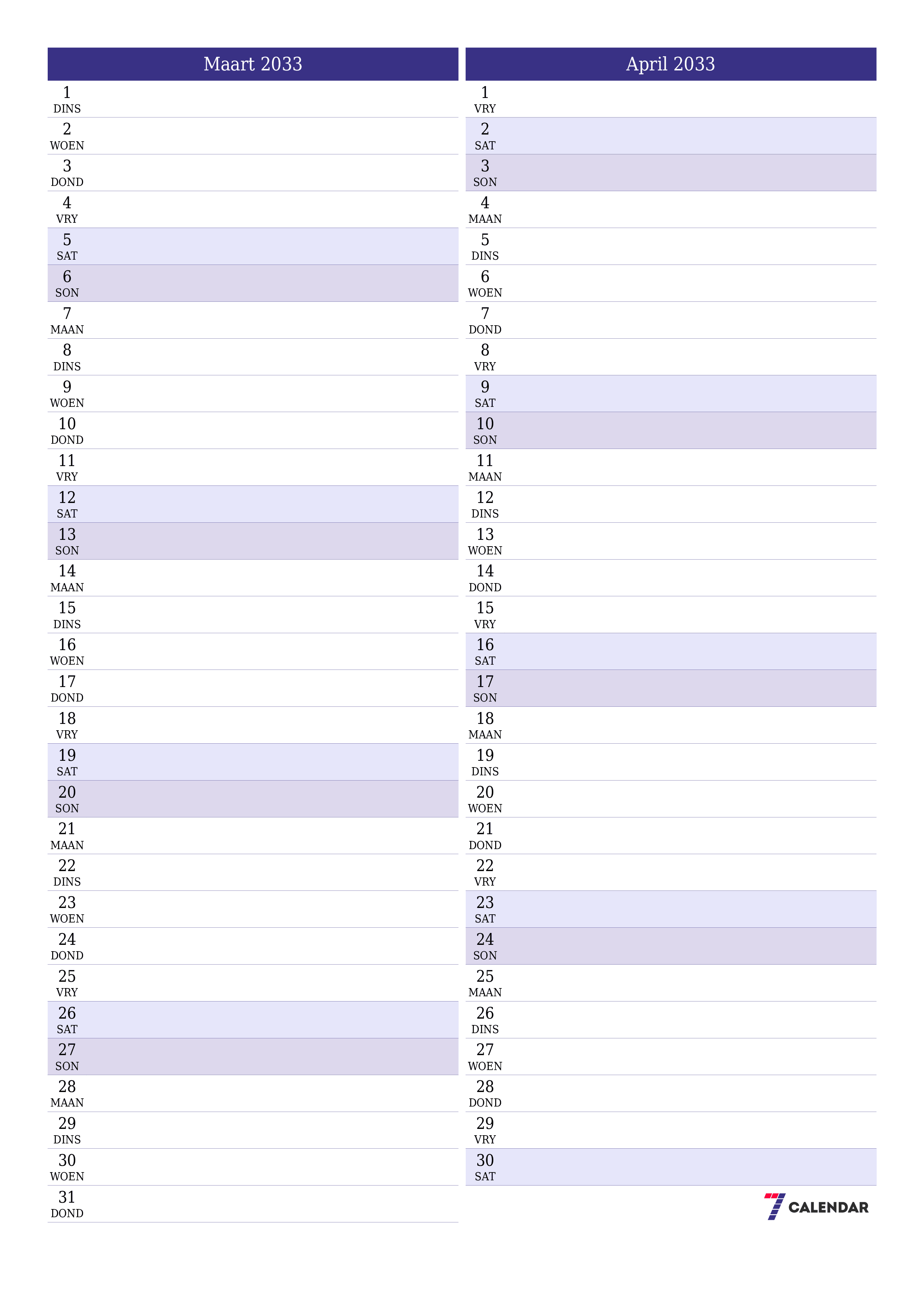 Leë maandelikse drukbare kalender en beplanner vir maand Maart 2033 met notas stoor en druk na PDF PNG Afrikaans