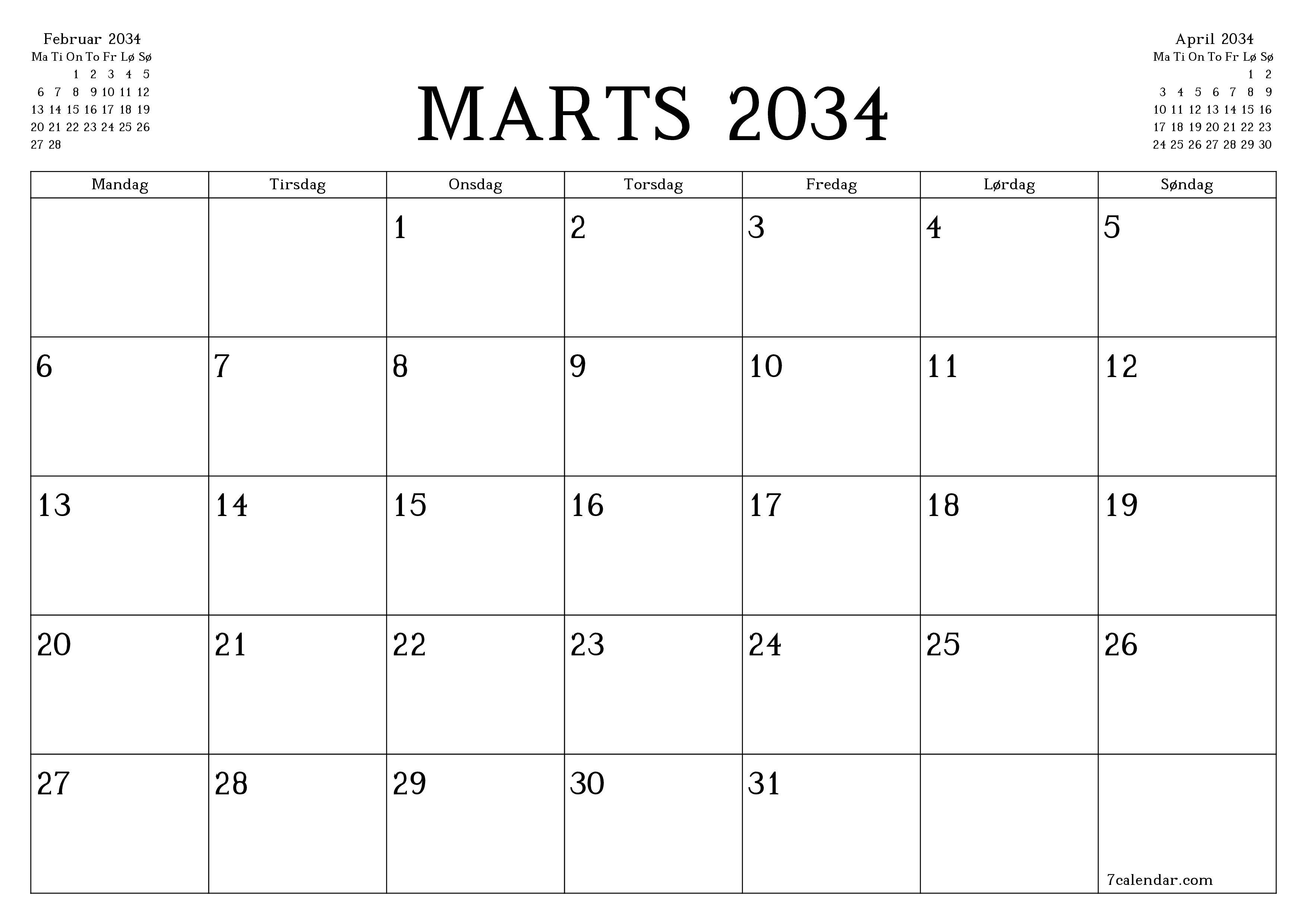 Tom månedlig planlægning for måned Marts 2034 med noter, gem og udskriv til PDF PNG Danish