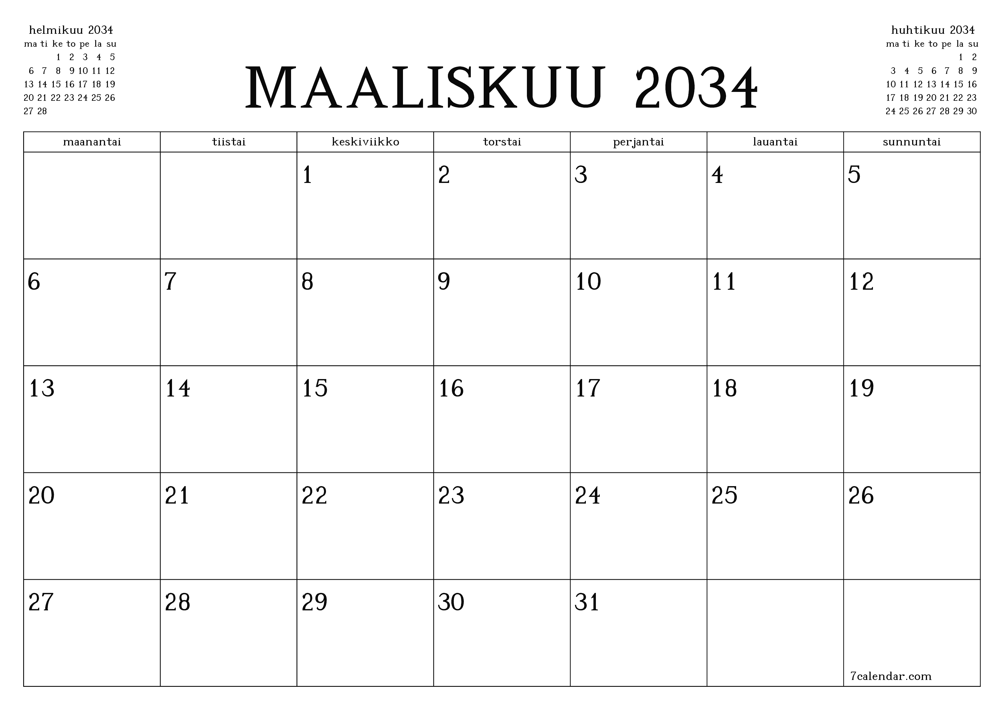 Tyhjennä kuukausittainen suunnittelija kuukaudelle Maaliskuu 2034 muistiinpanoilla, tallenna ja tulosta PDF-muotoon PNG Finnish