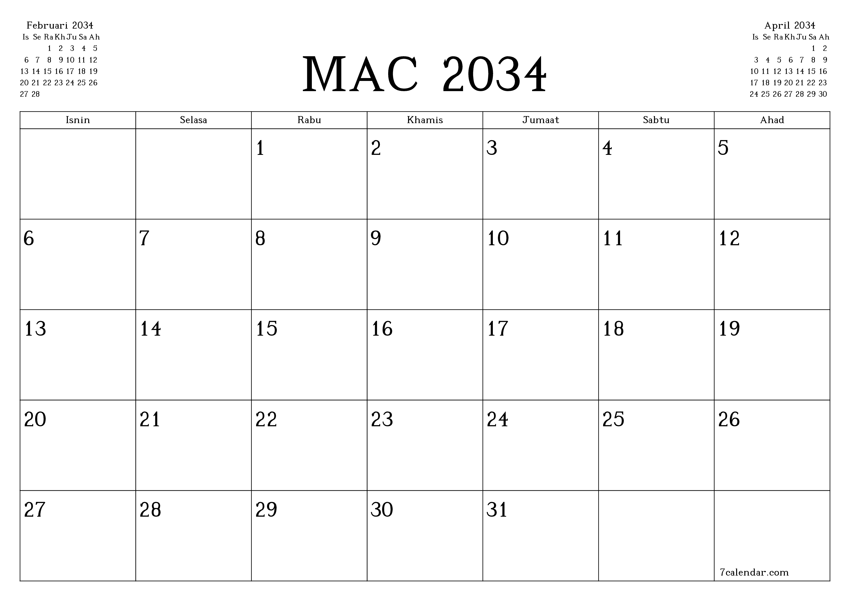 Perancang bulanan kosong untuk bulan Mac 2034 dengan nota, simpan dan cetak ke PDF PNG Malay
