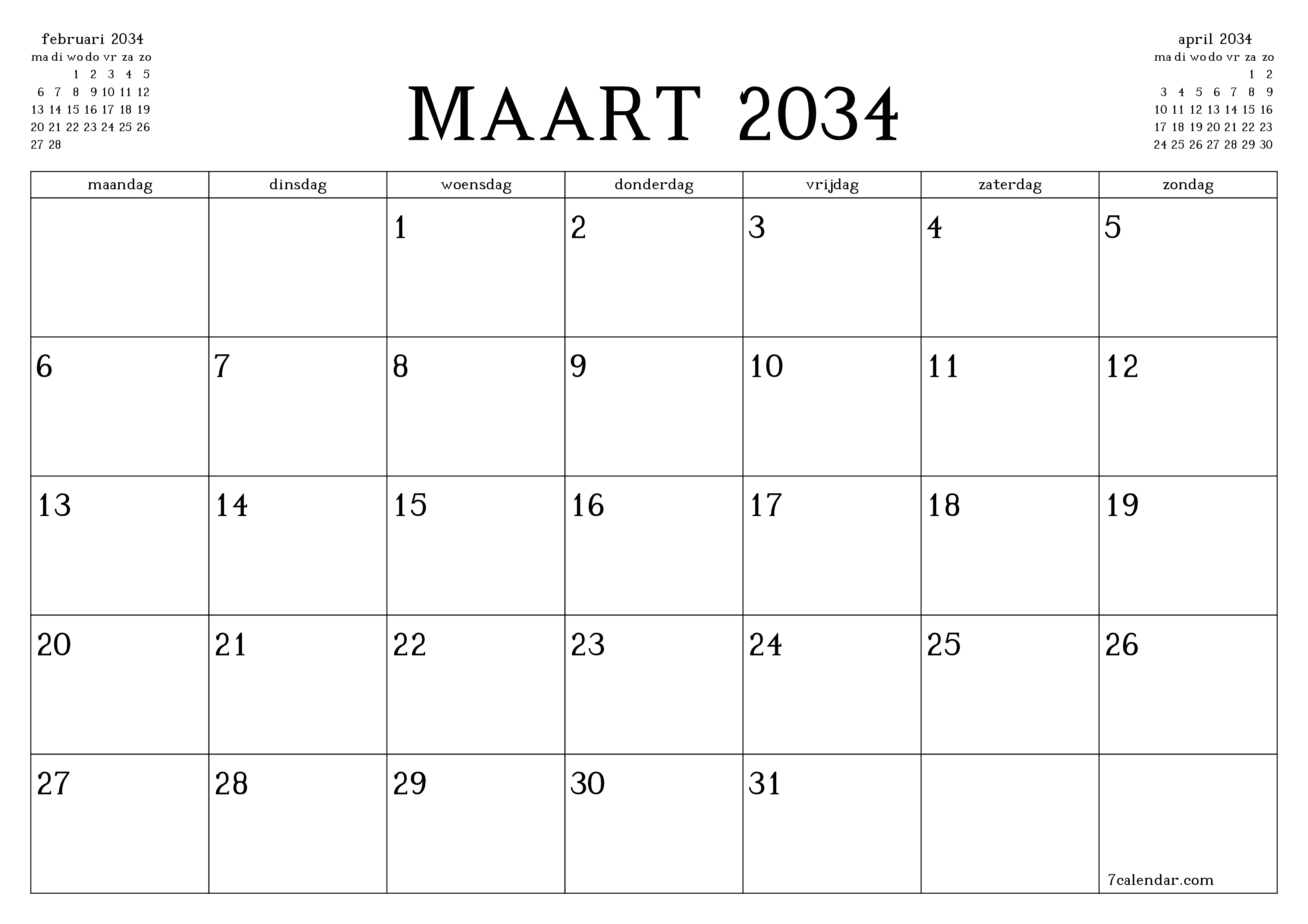 Lege maandplanner voor maand maart 2034 met notities, opslaan en afdrukken naar pdf PNG Dutch