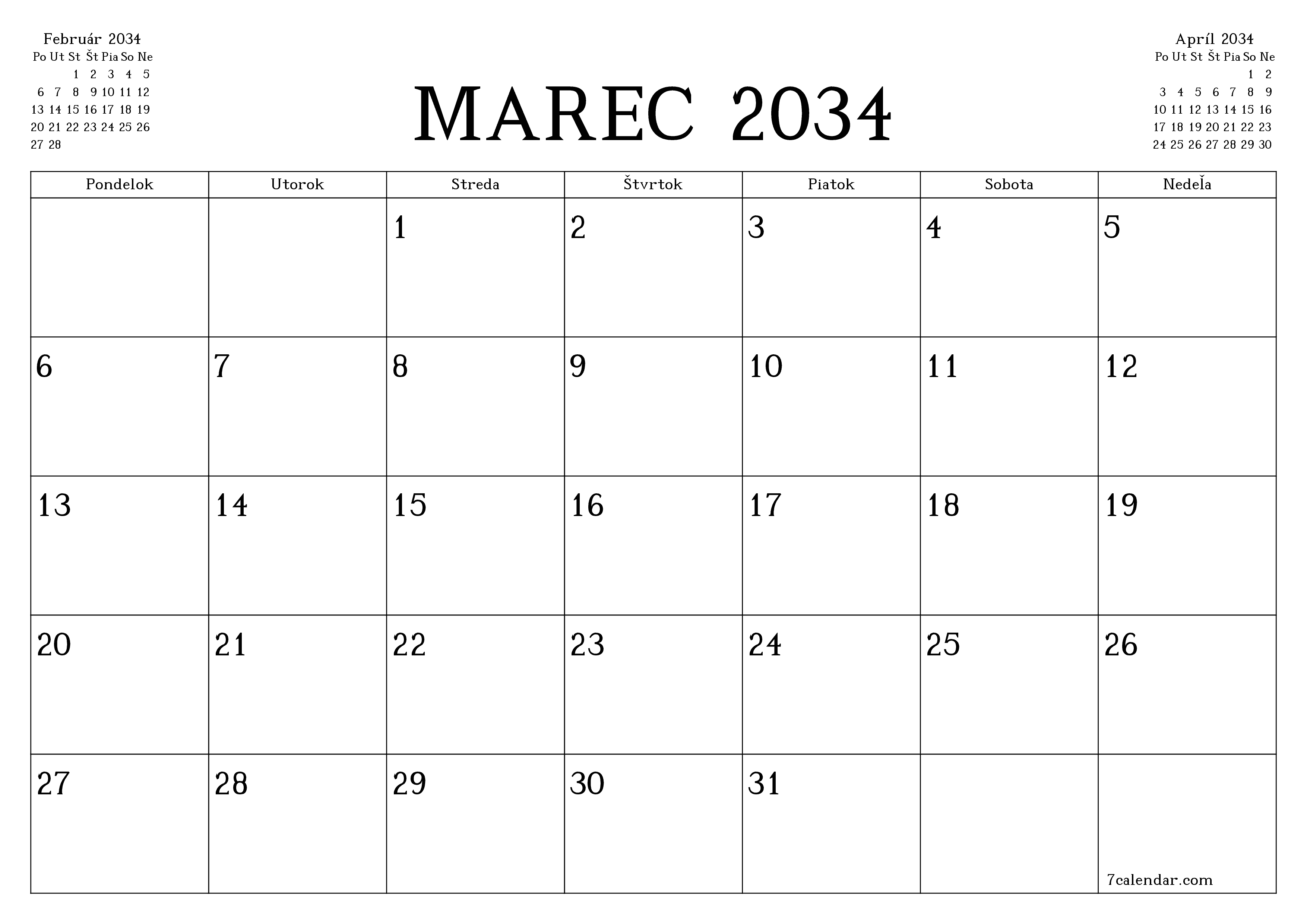 Prázdny mesačný plánovač na mesiac Marec 2034 s poznámkami, uloženie a tlač do PDF PNG Slovak