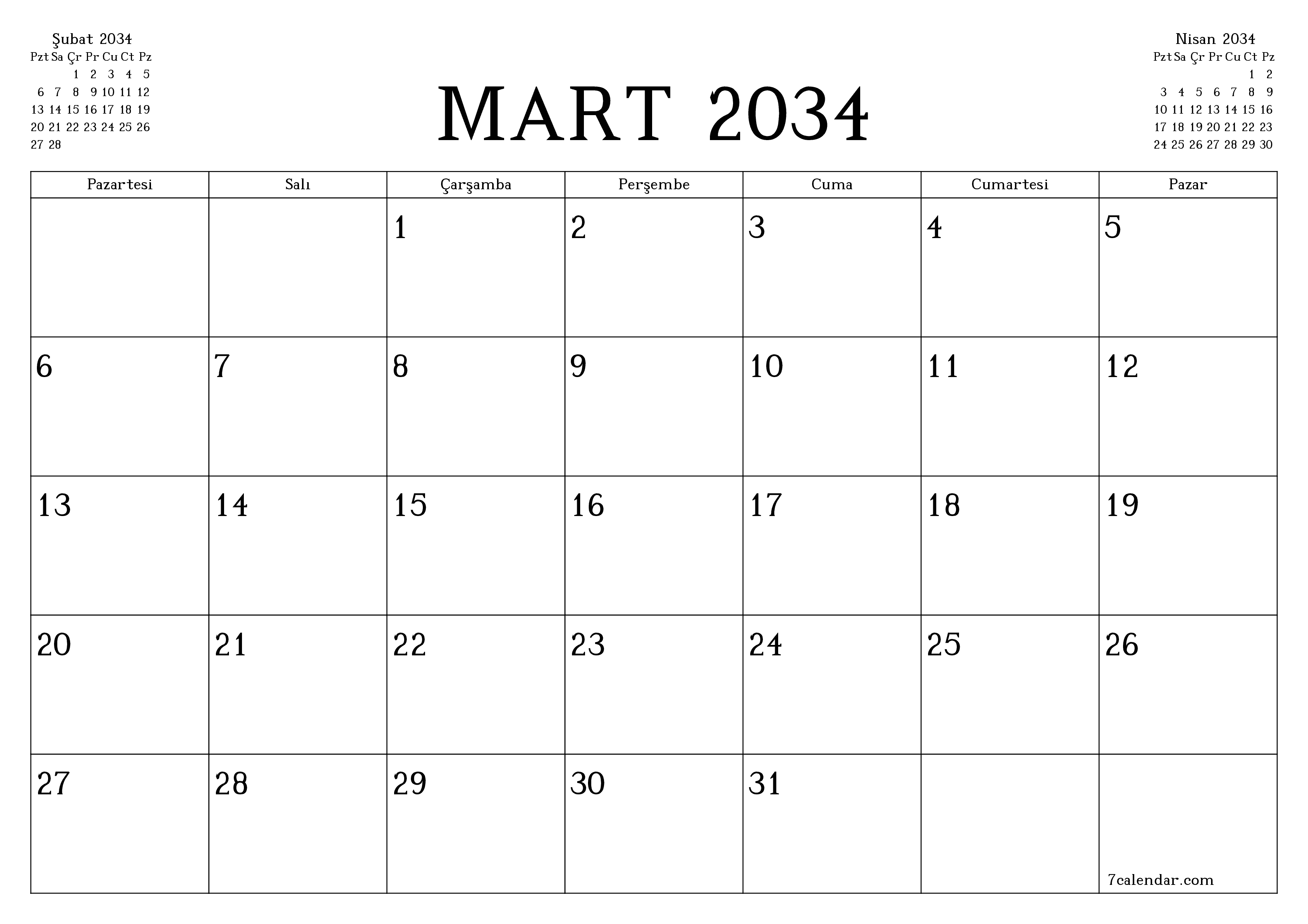 Mart 2034 ayı için notlarla birlikte boş aylık planlayıcı, kaydedin ve PDF'ye yazdırın PNG Turkish