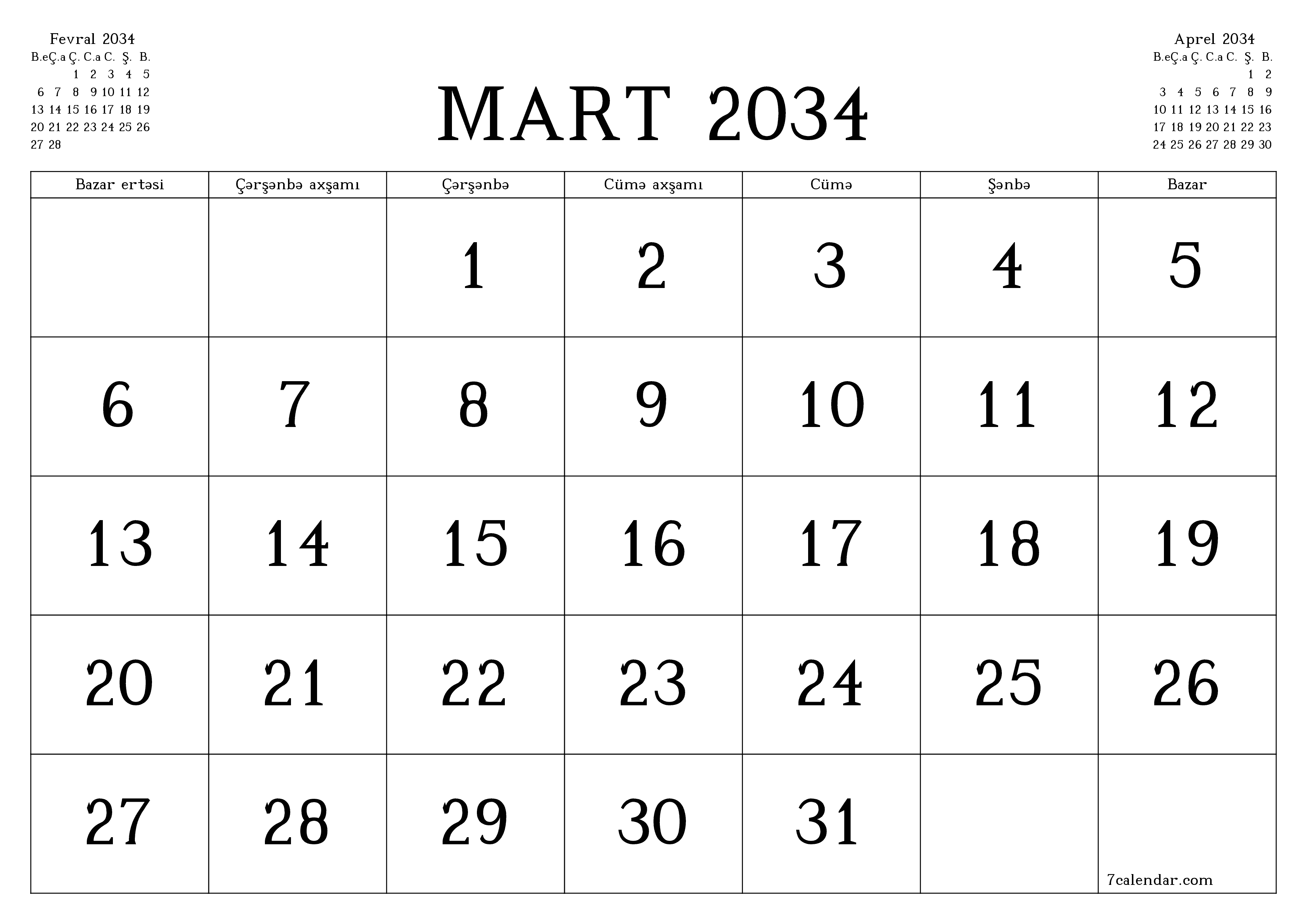 Mart 2034 ayı üçün qeydlər ilə boş aylıq planlayıcı, qeyd edin və PDF-ə yazdırın PNG Azerbaijani