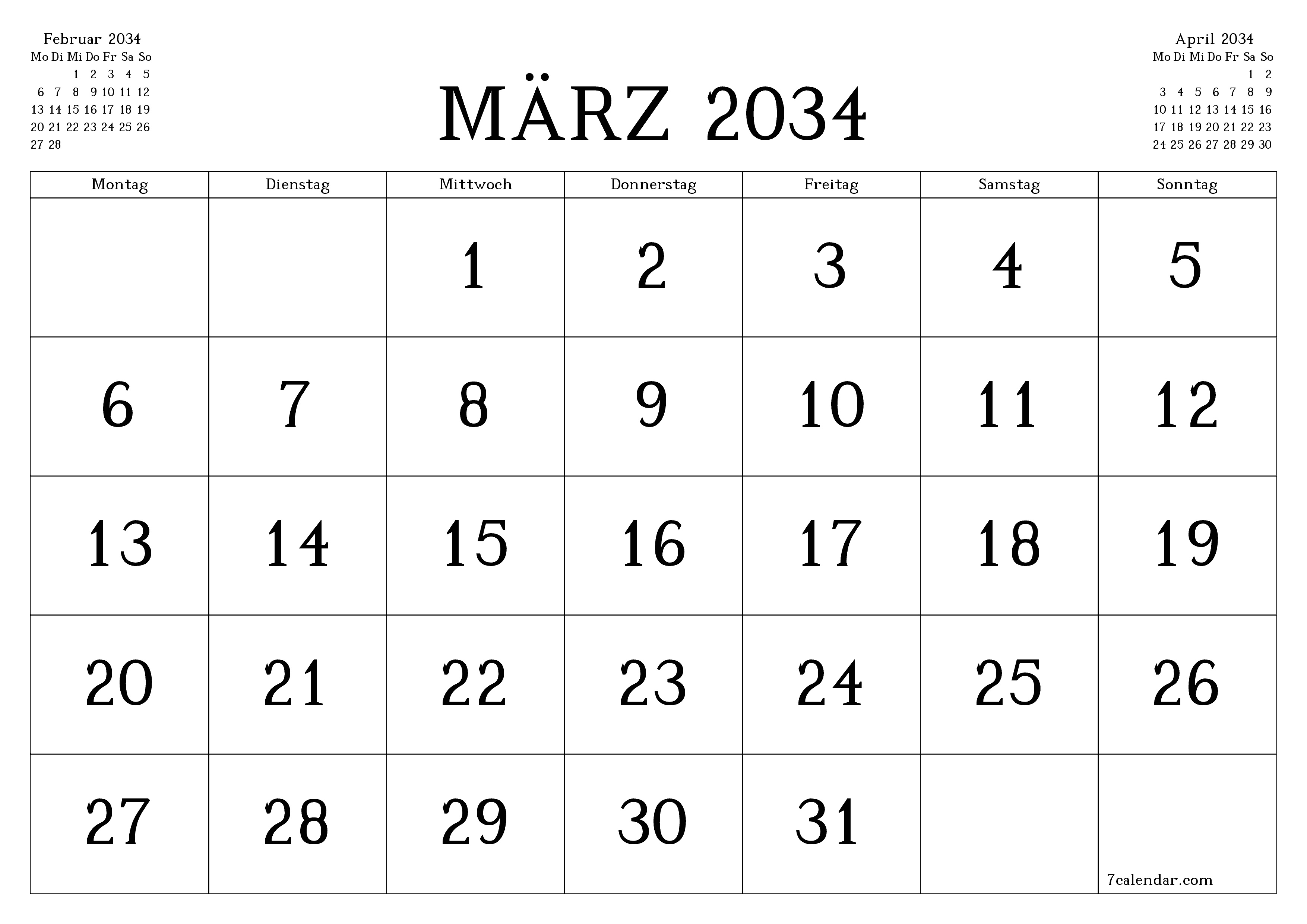 Monatsplaner für Monat März 2034 mit Notizen leeren, speichern und als PDF PNG German - 7calendar.com drucken