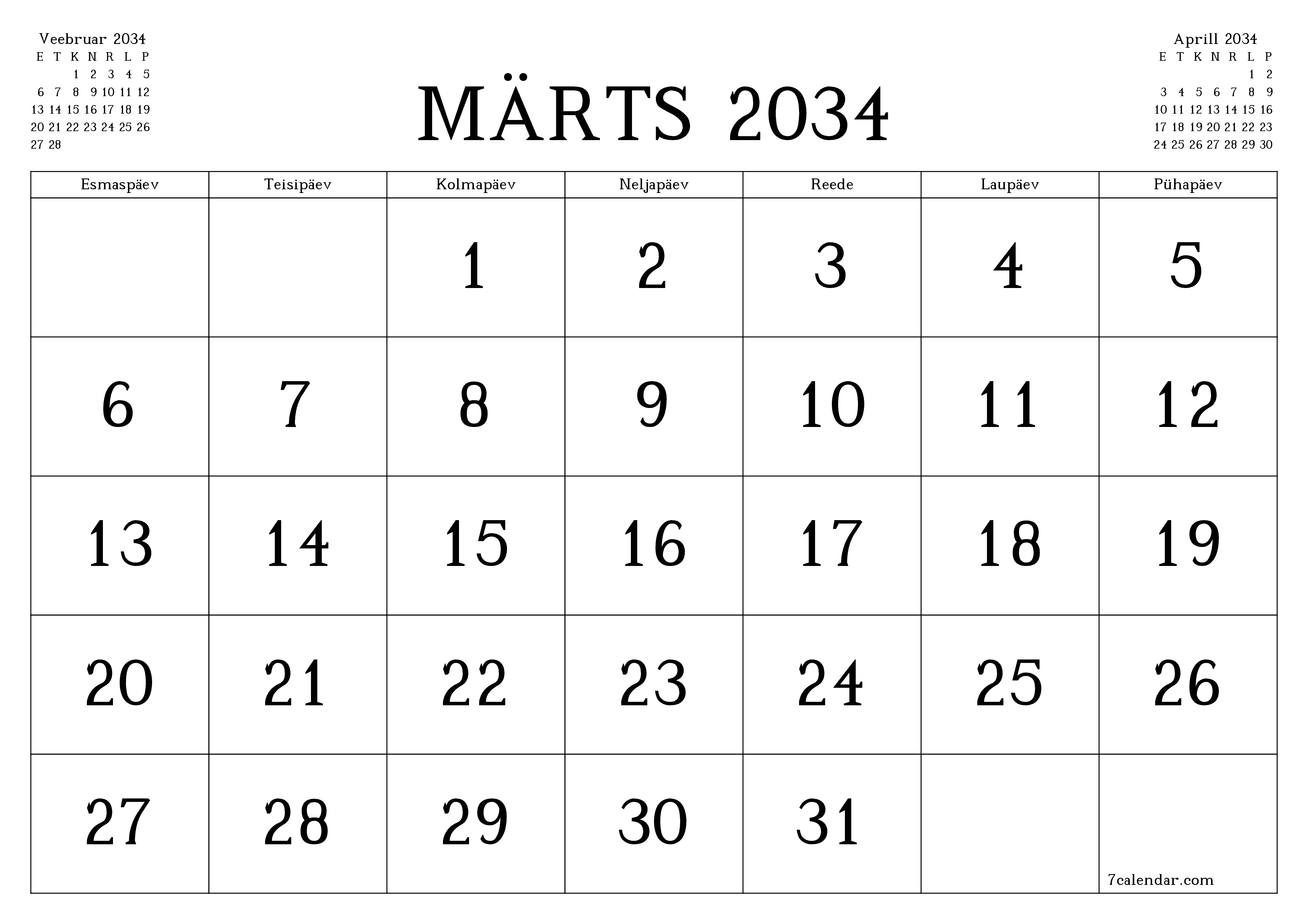 Tühjendage kuu Märts 2034 kuuplaneerija märkmetega, salvestage ja printige PDF-i PNG Estonian