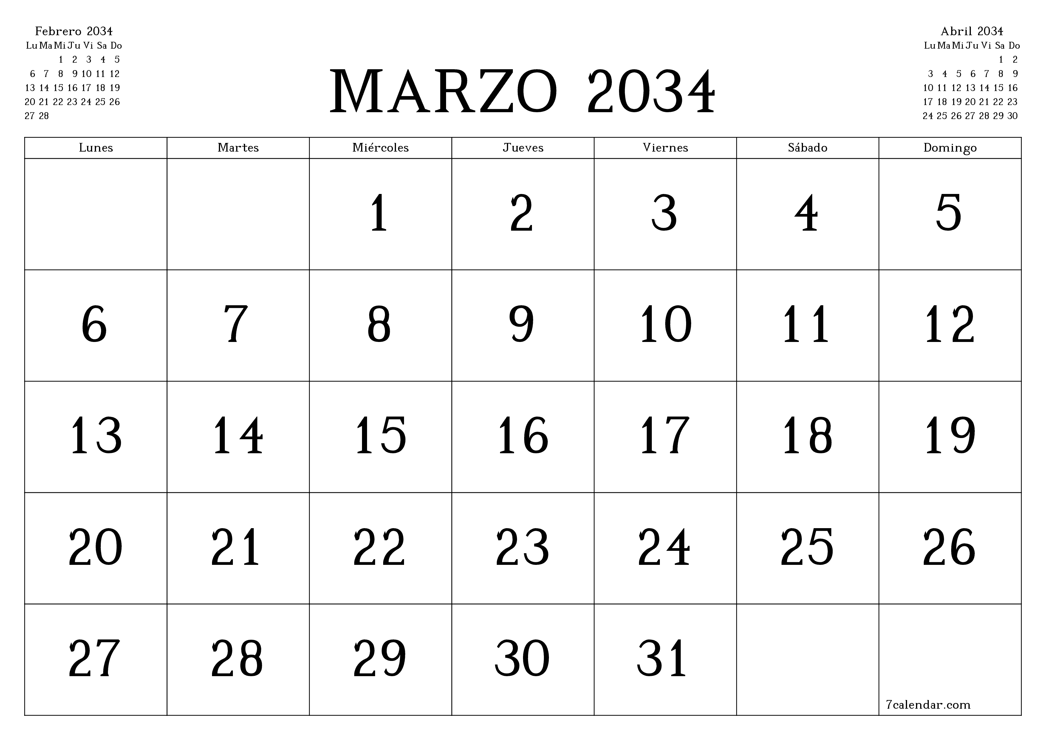 Planificador mensual vacío para el mes Marzo 2034 con notas, guardar e imprimir en PDF PNG Spanish